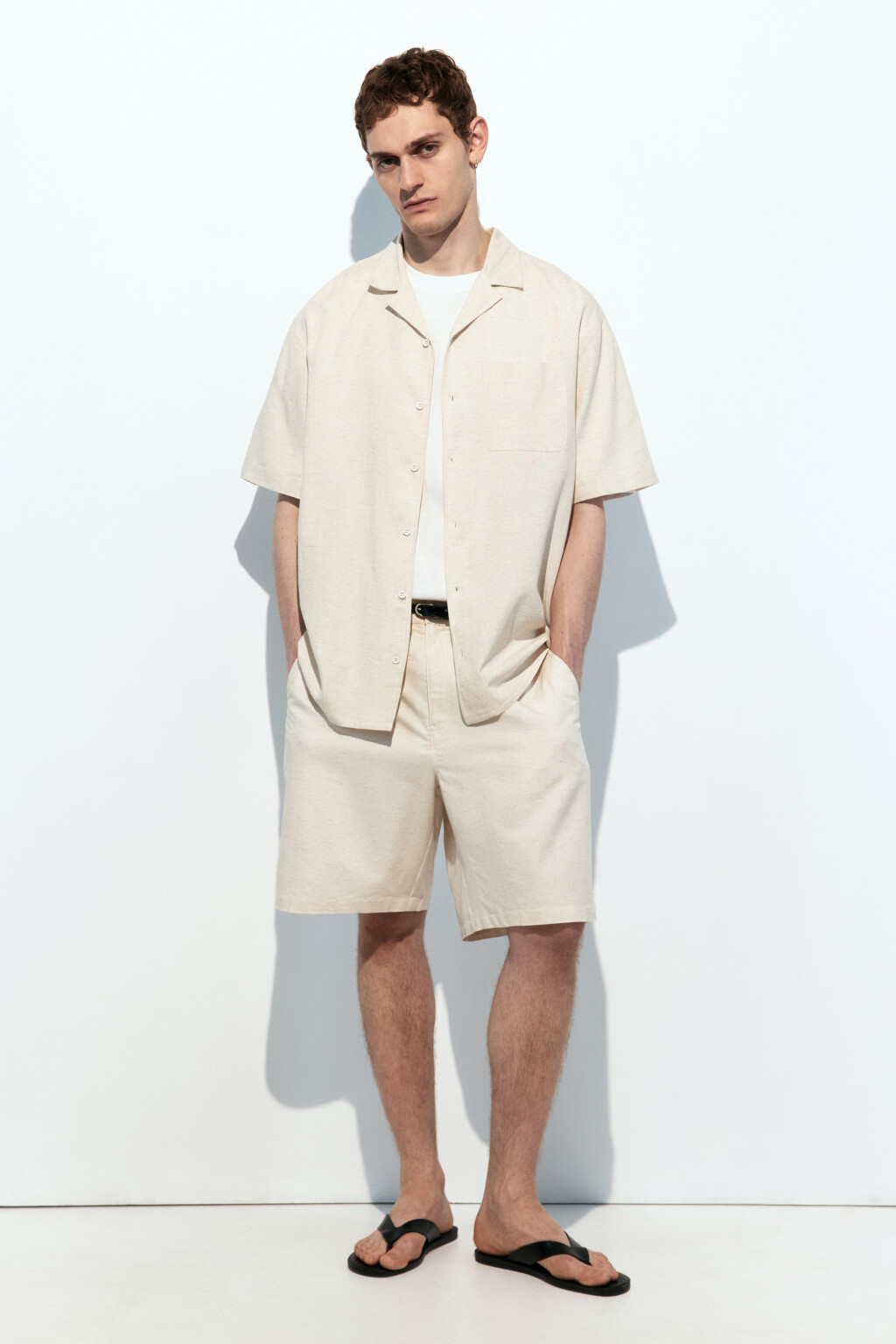 Рубашка льняная с коротким рукавом - цвет молочный - 2