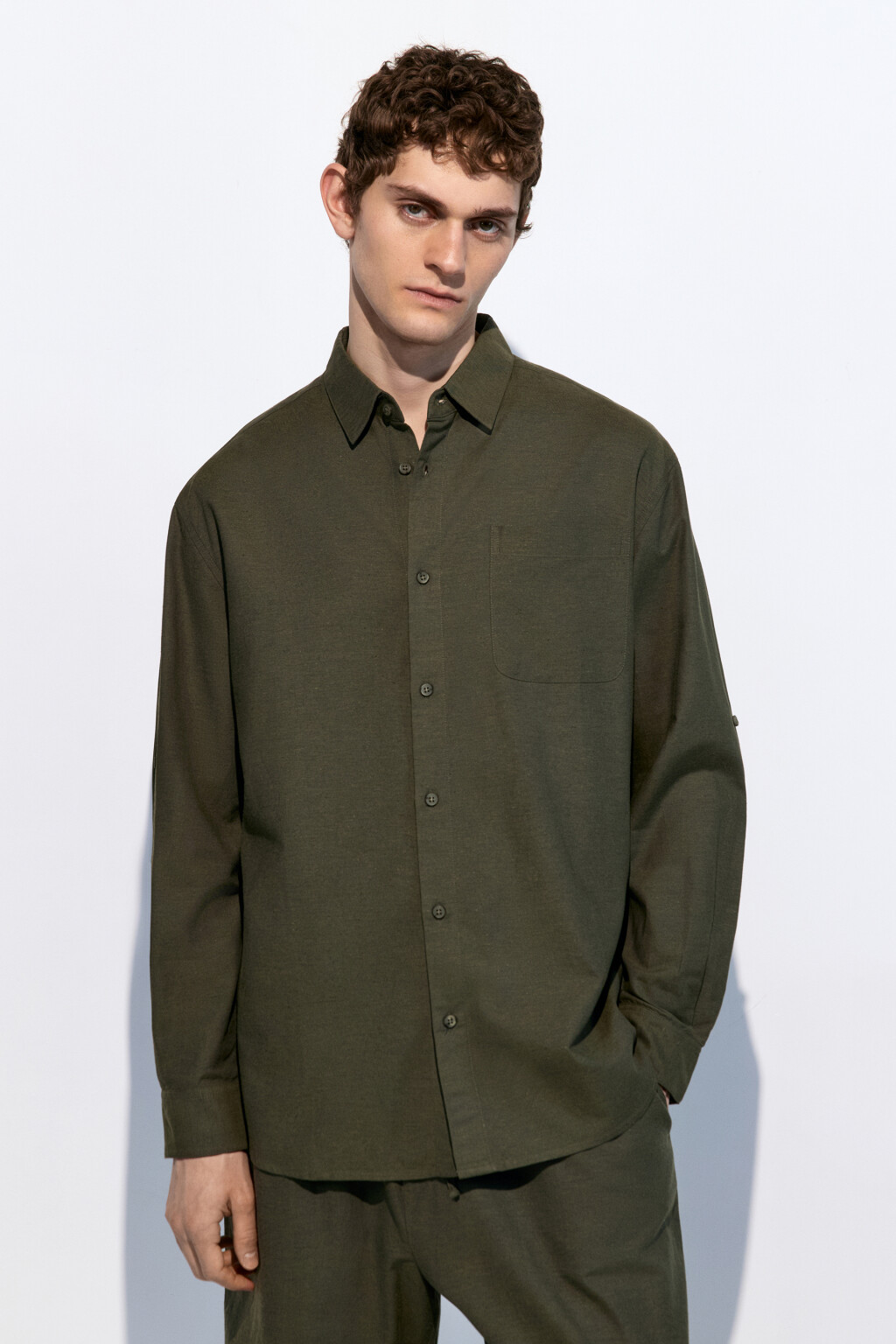 Рубашка прямая из льняной ткани - цвет зеленый - 2