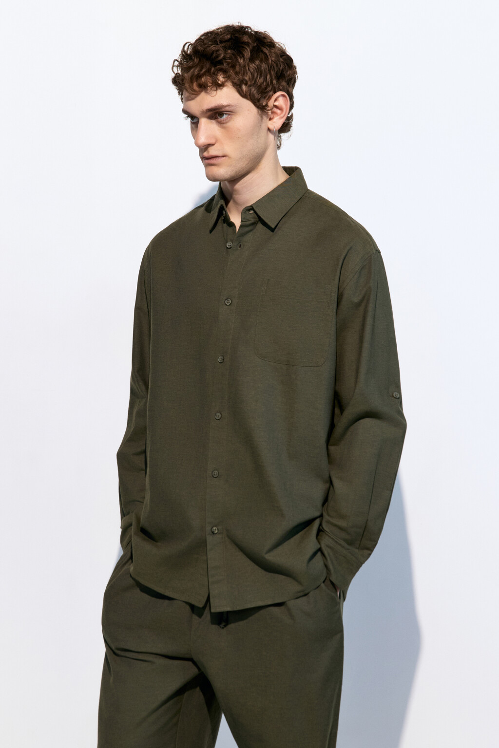 Рубашка прямая из льняной ткани - цвет зеленый - 3