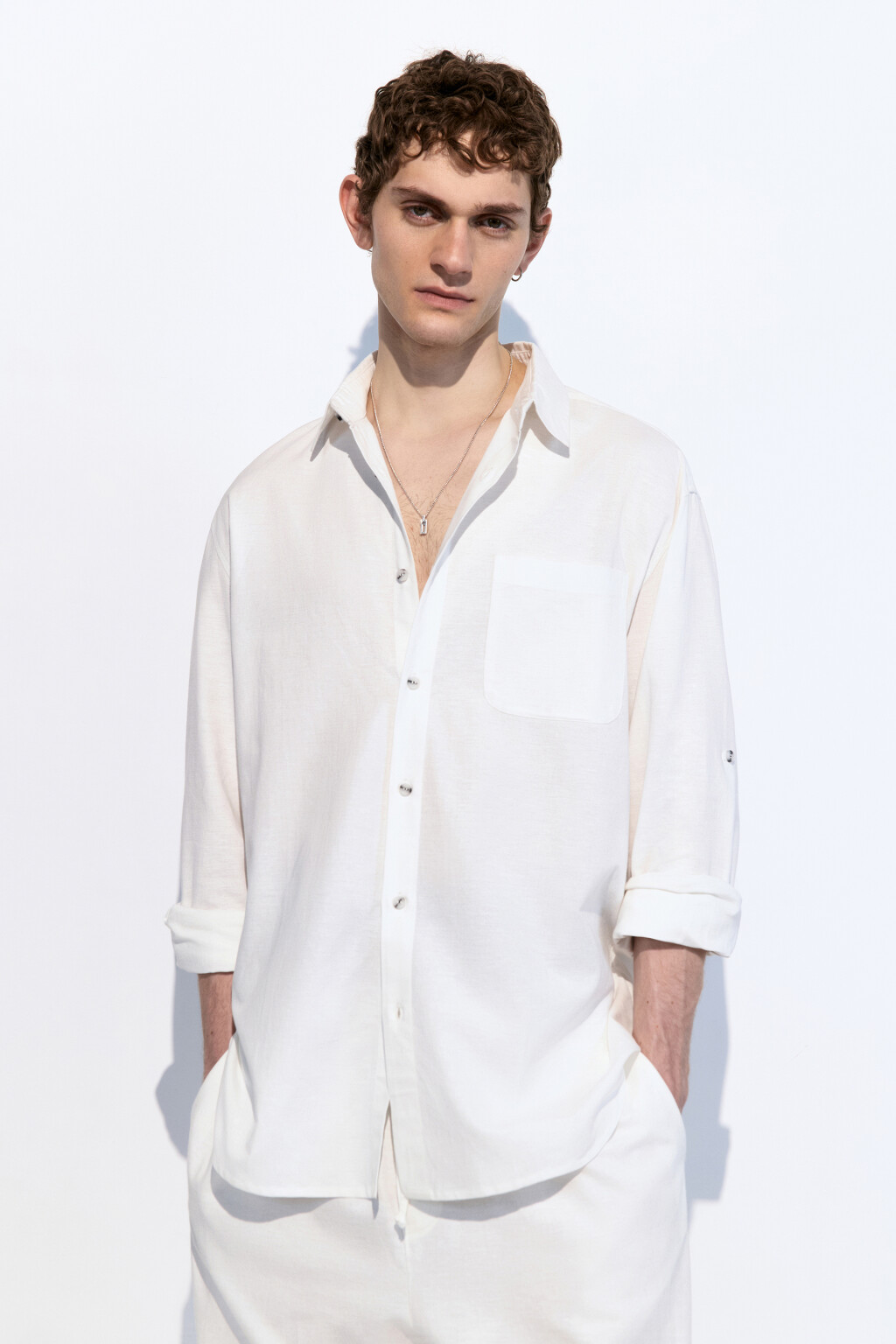 Рубашка прямая из льняной ткани - цвет белый - 1