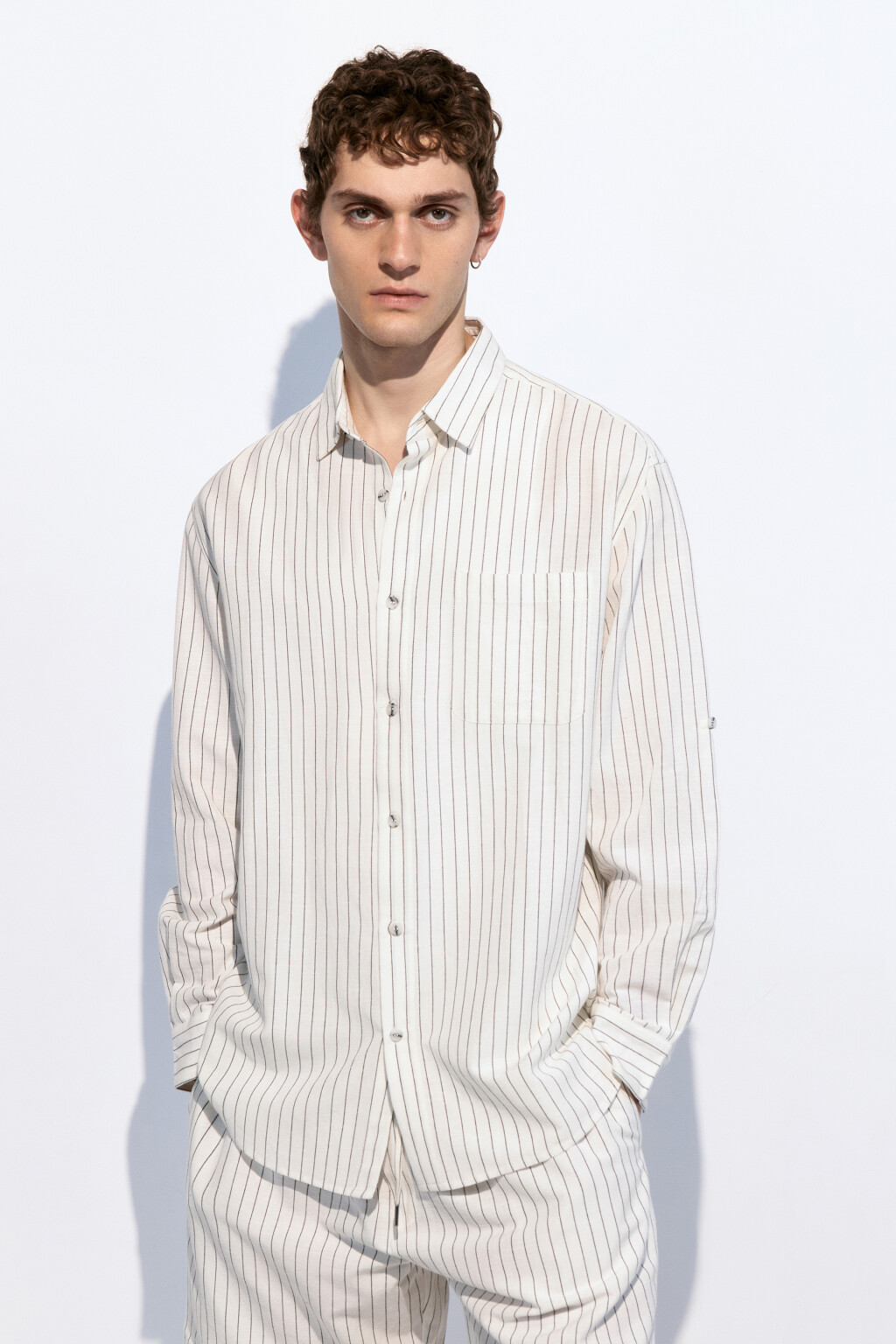 Рубашка прямая из льняной ткани - цвет белый - 3