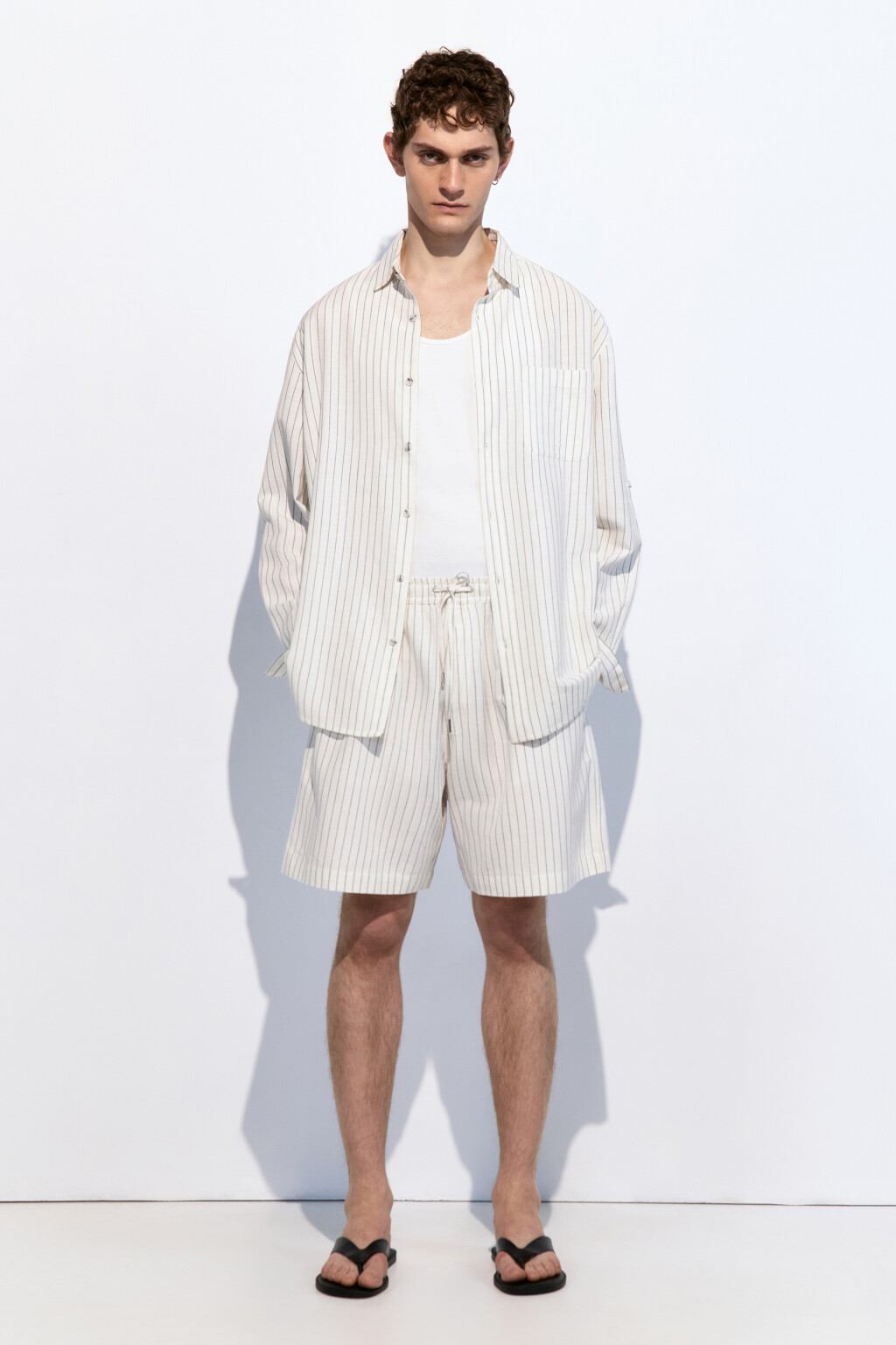 Рубашка прямая из льняной ткани - цвет белый - 6