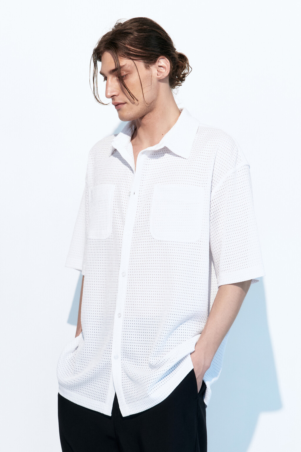 Рубашка с коротким рукавом из фактурной ткани - цвет белый - 3