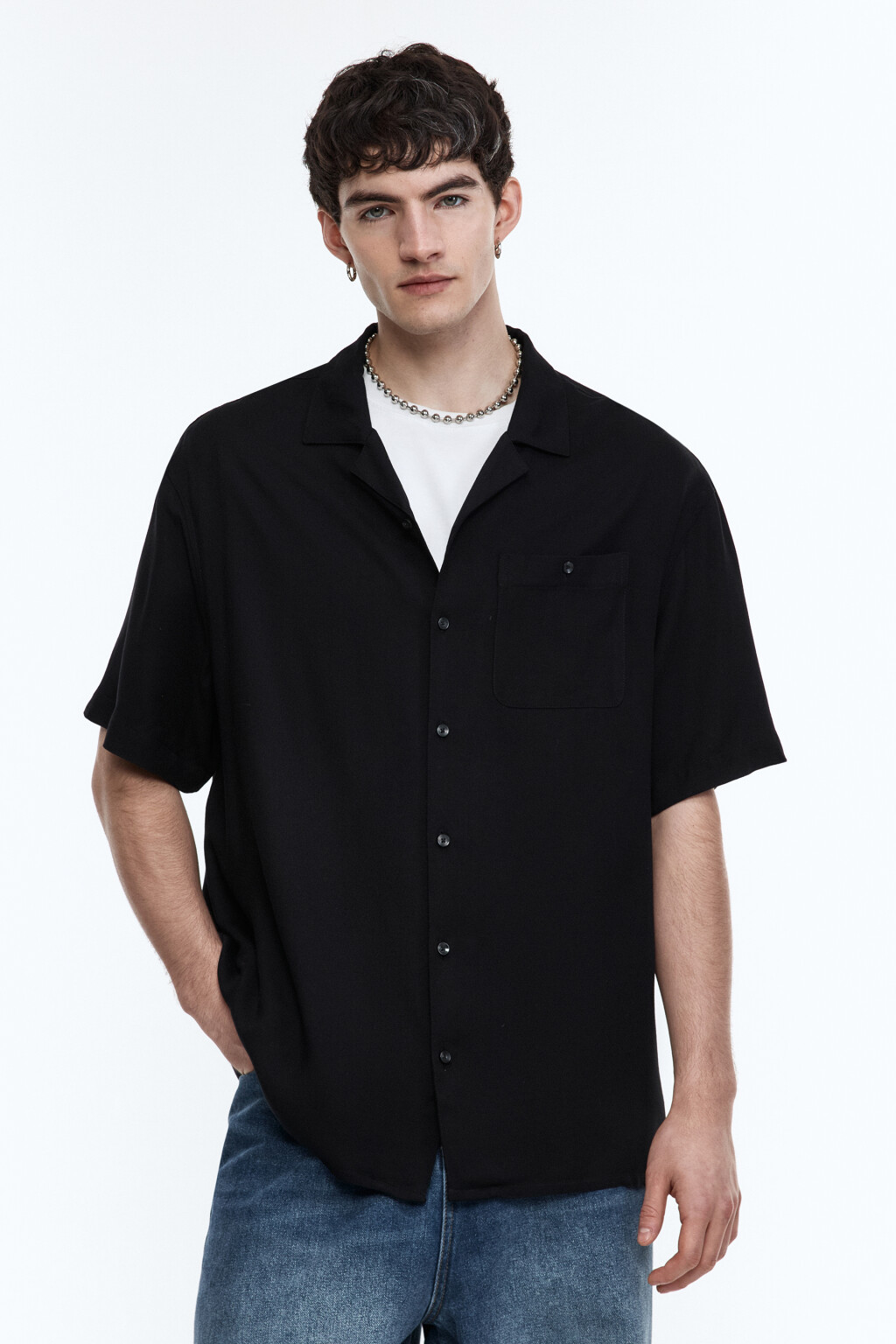 Рубашка с коротким рукавом из вискозы - цвет черный - 3