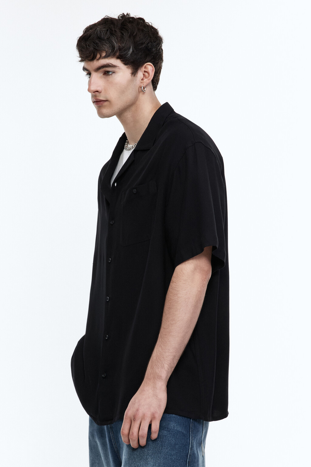 Рубашка с коротким рукавом из вискозы - цвет черный - 4