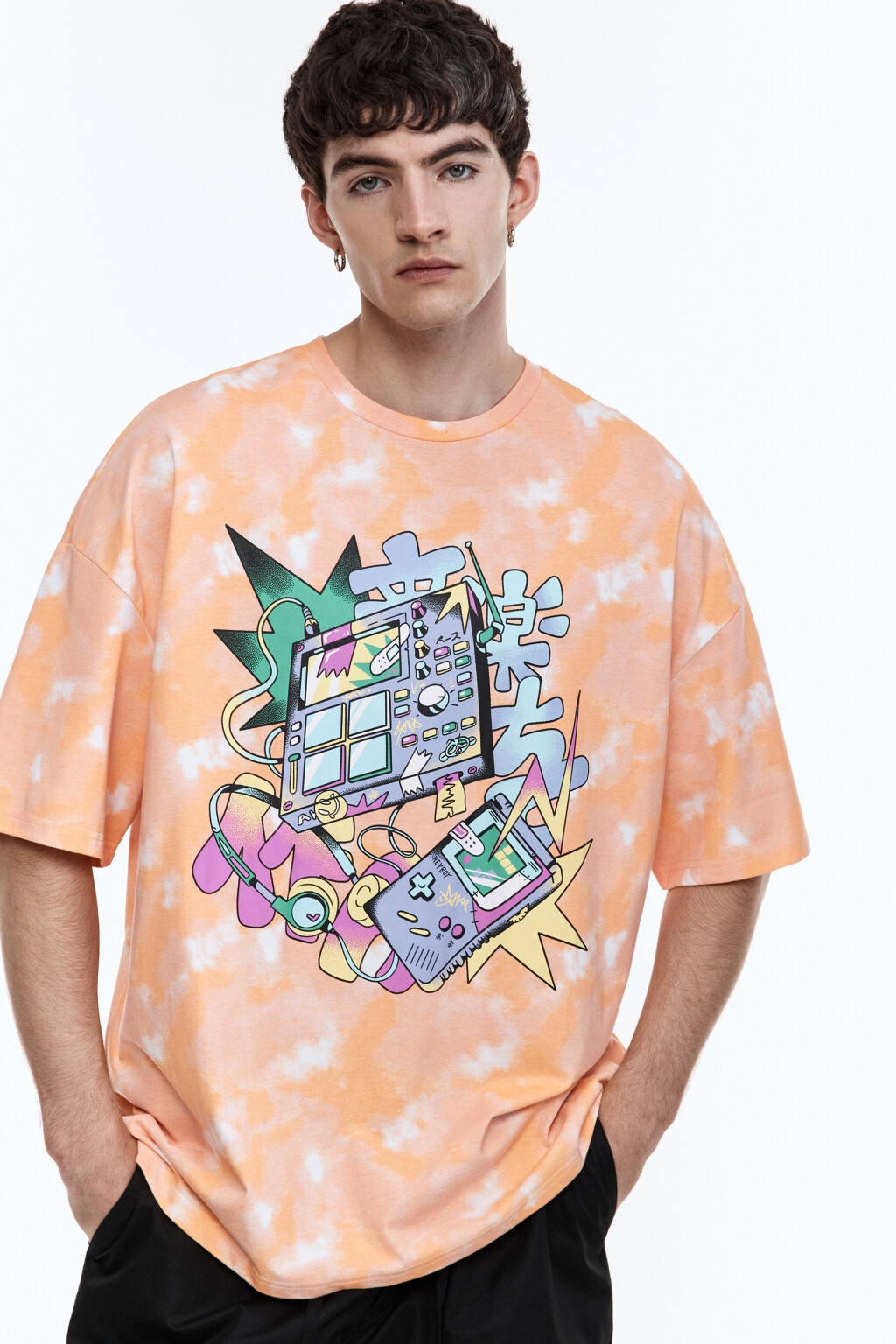 Футболка oversize с эффектом тай-дай и принтом - цвет оранжевый - 1