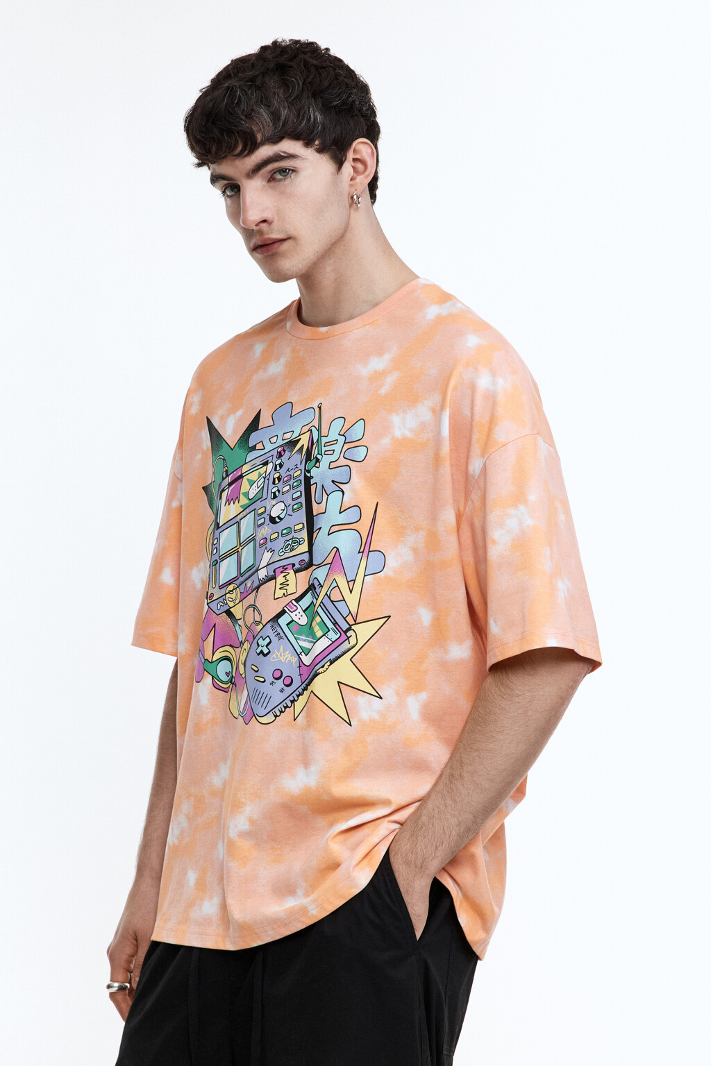Футболка oversize с эффектом тай-дай и принтом - цвет оранжевый - 3