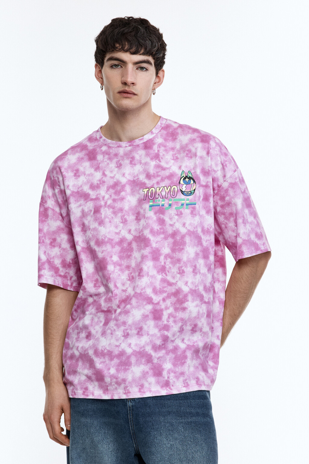 Футболка oversize с эффектом тай-дай и принтом - цвет розовый - 3