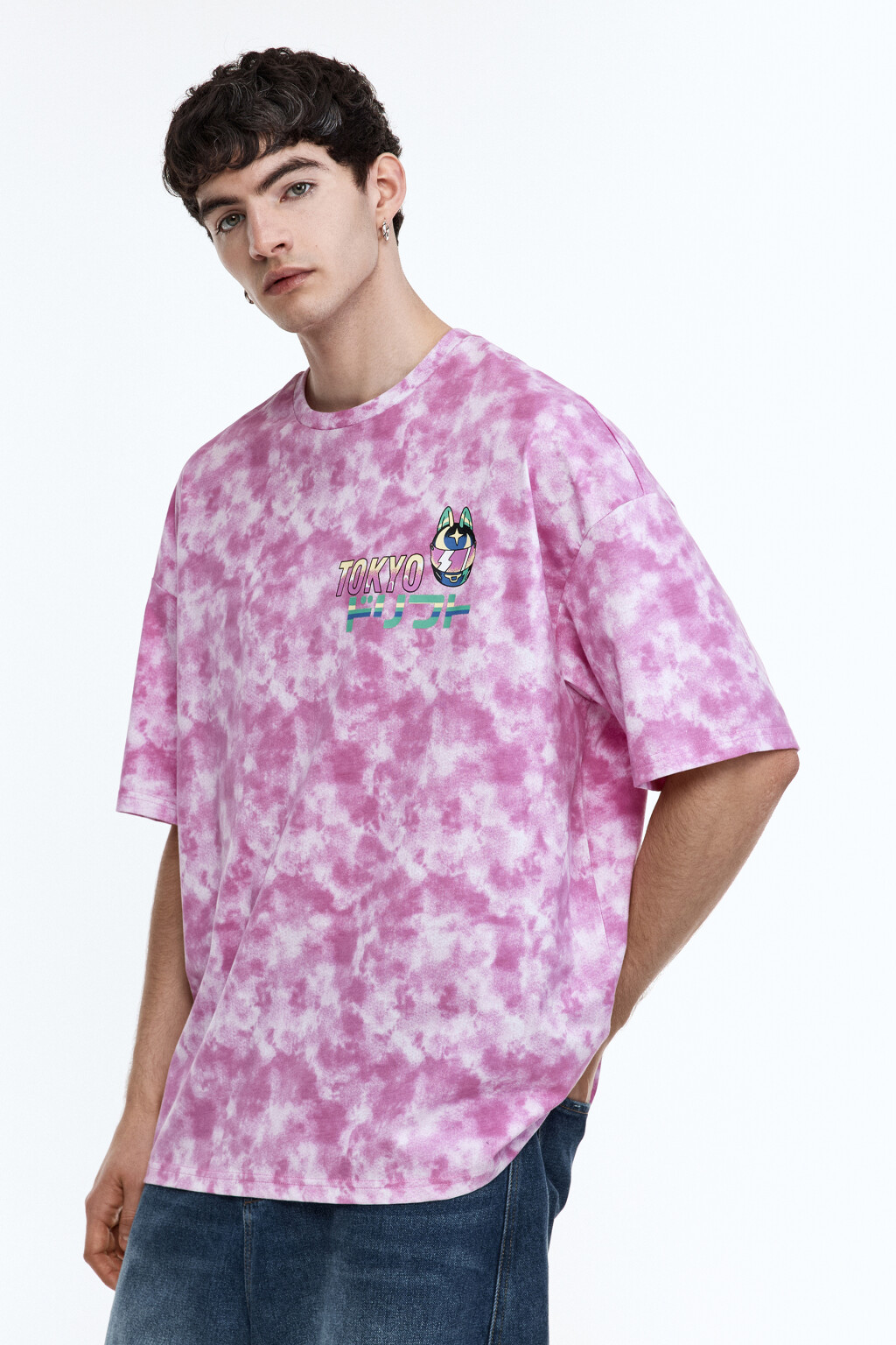 Футболка oversize с эффектом тай-дай и принтом - цвет розовый - 4