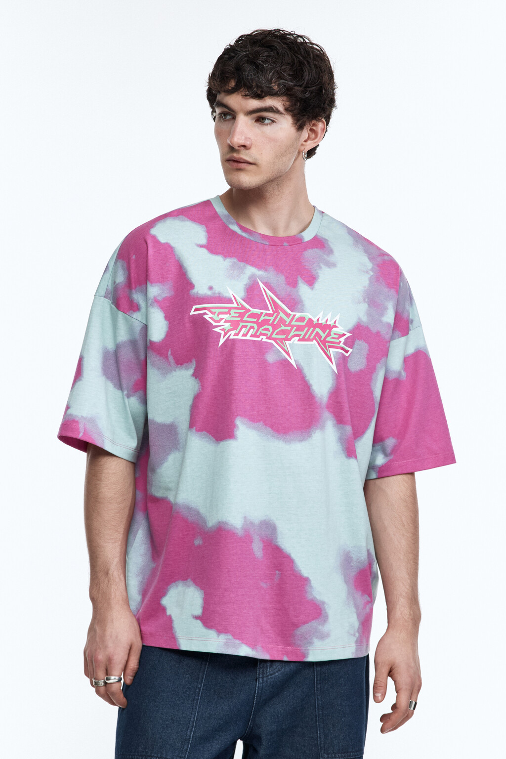 Футболка с принтом в технике окрашивания тай-дай и надписью - цвет голубой - 3