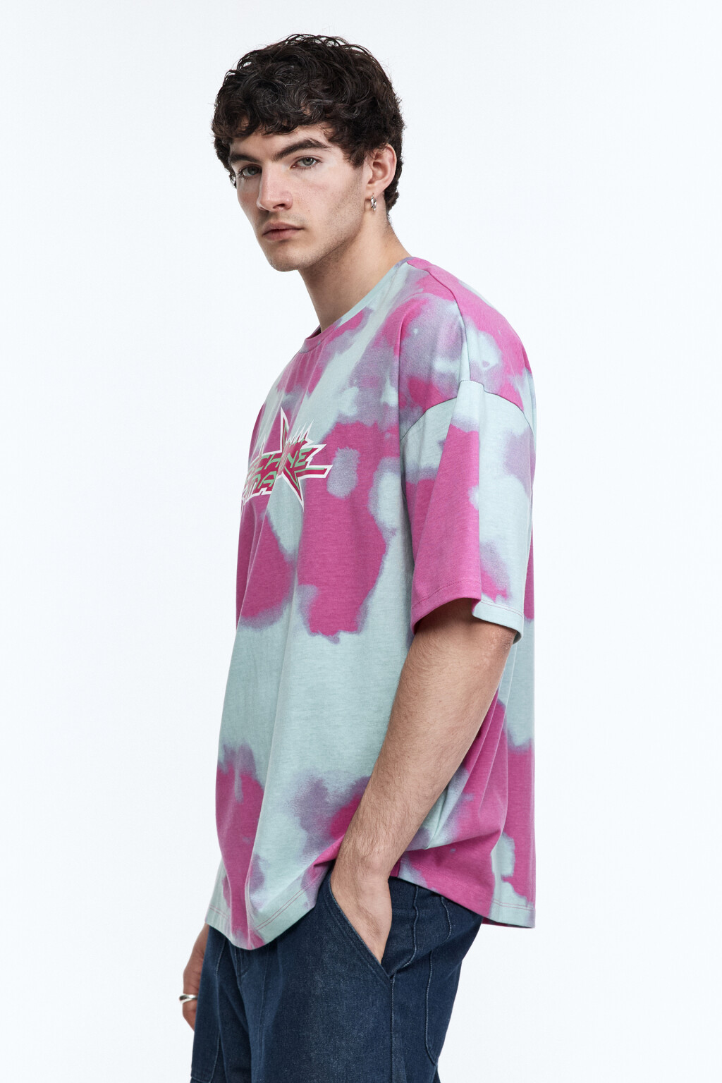 Футболка с принтом в технике окрашивания тай-дай и надписью - цвет голубой - 4