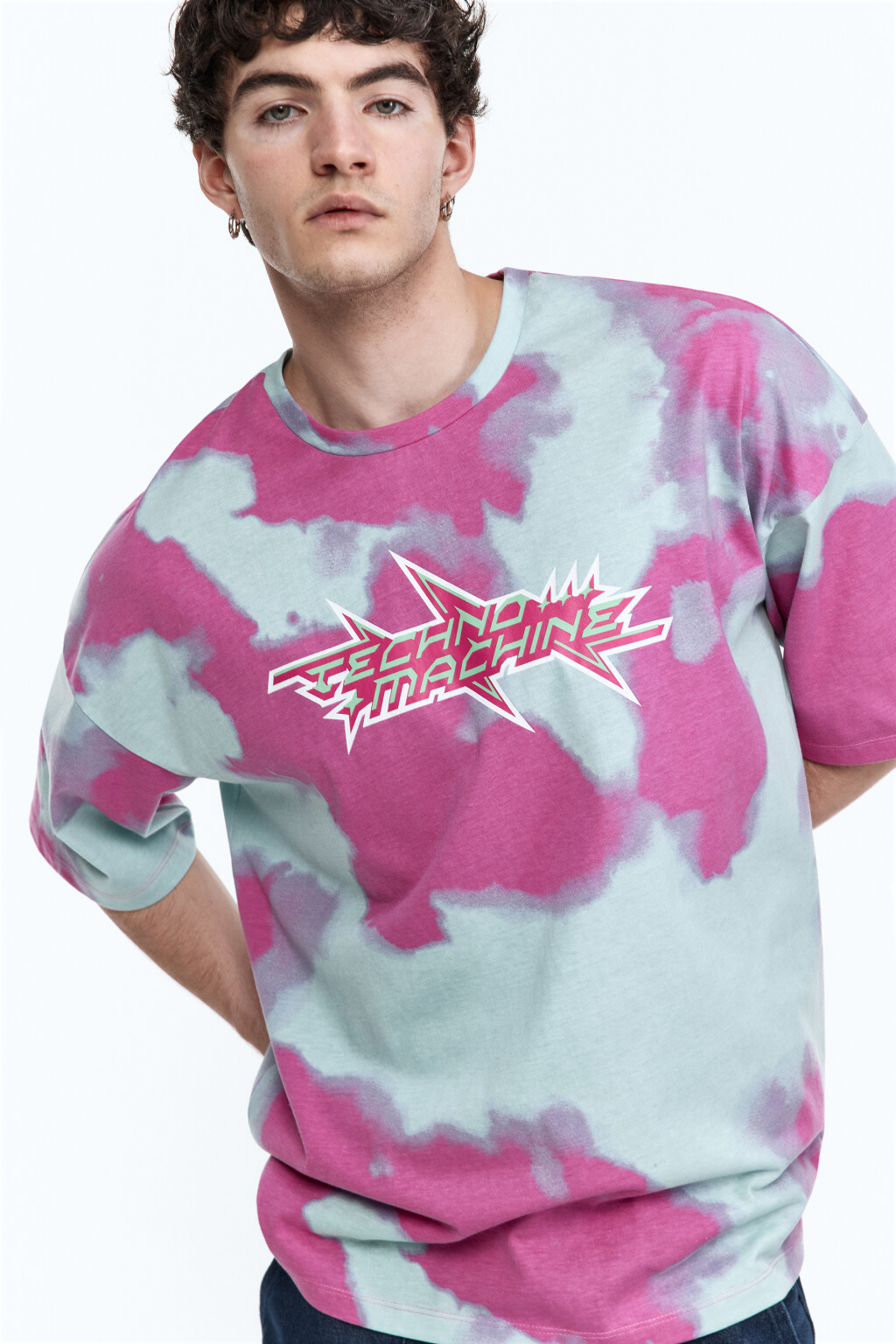 Футболка с принтом в технике окрашивания тай-дай и надписью - цвет голубой - 1