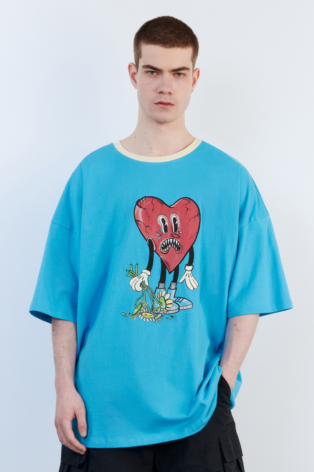 Футболка oversize хлопковая с принтом - цвет голубой - 3