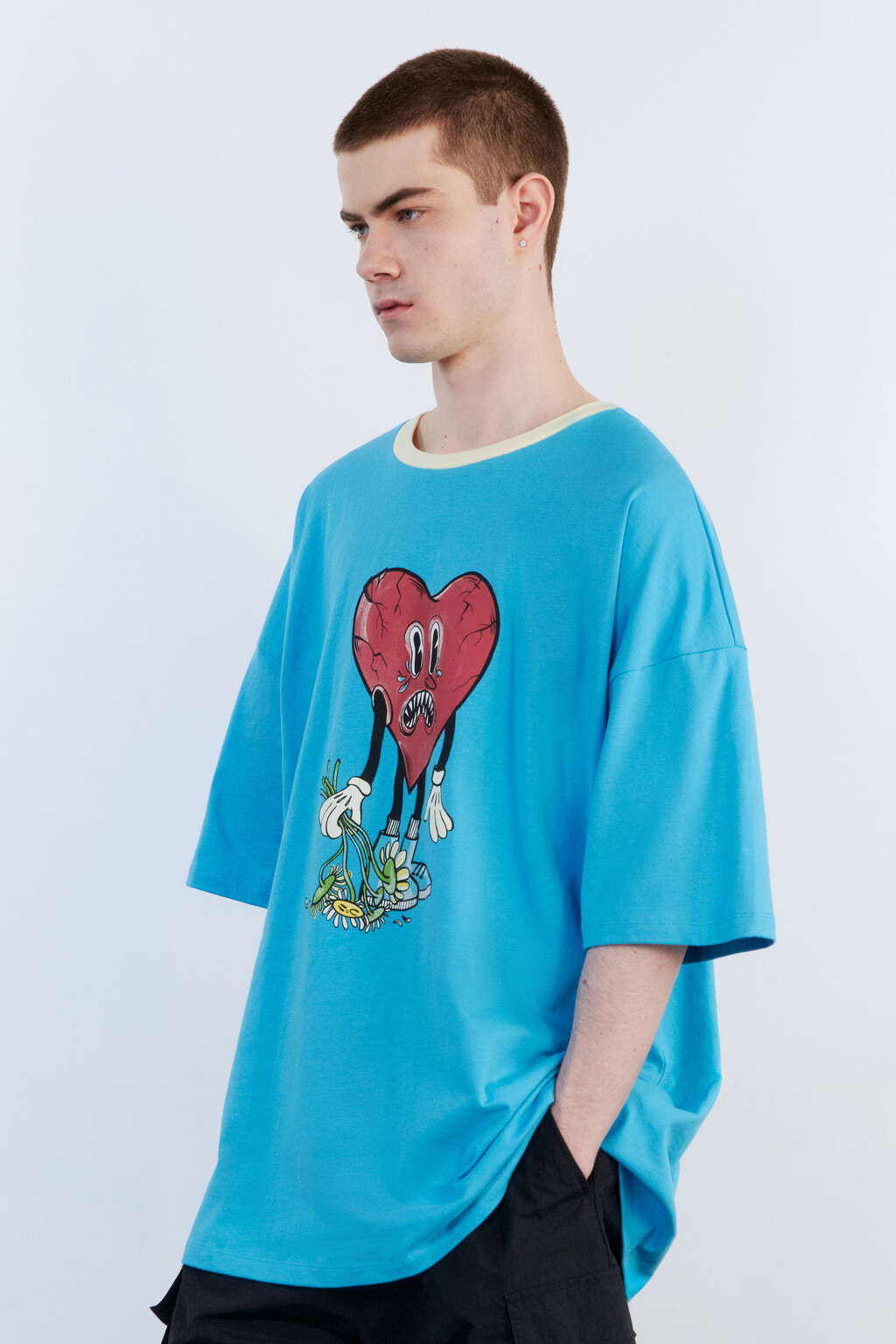 Футболка oversize хлопковая с принтом - цвет голубой - 4