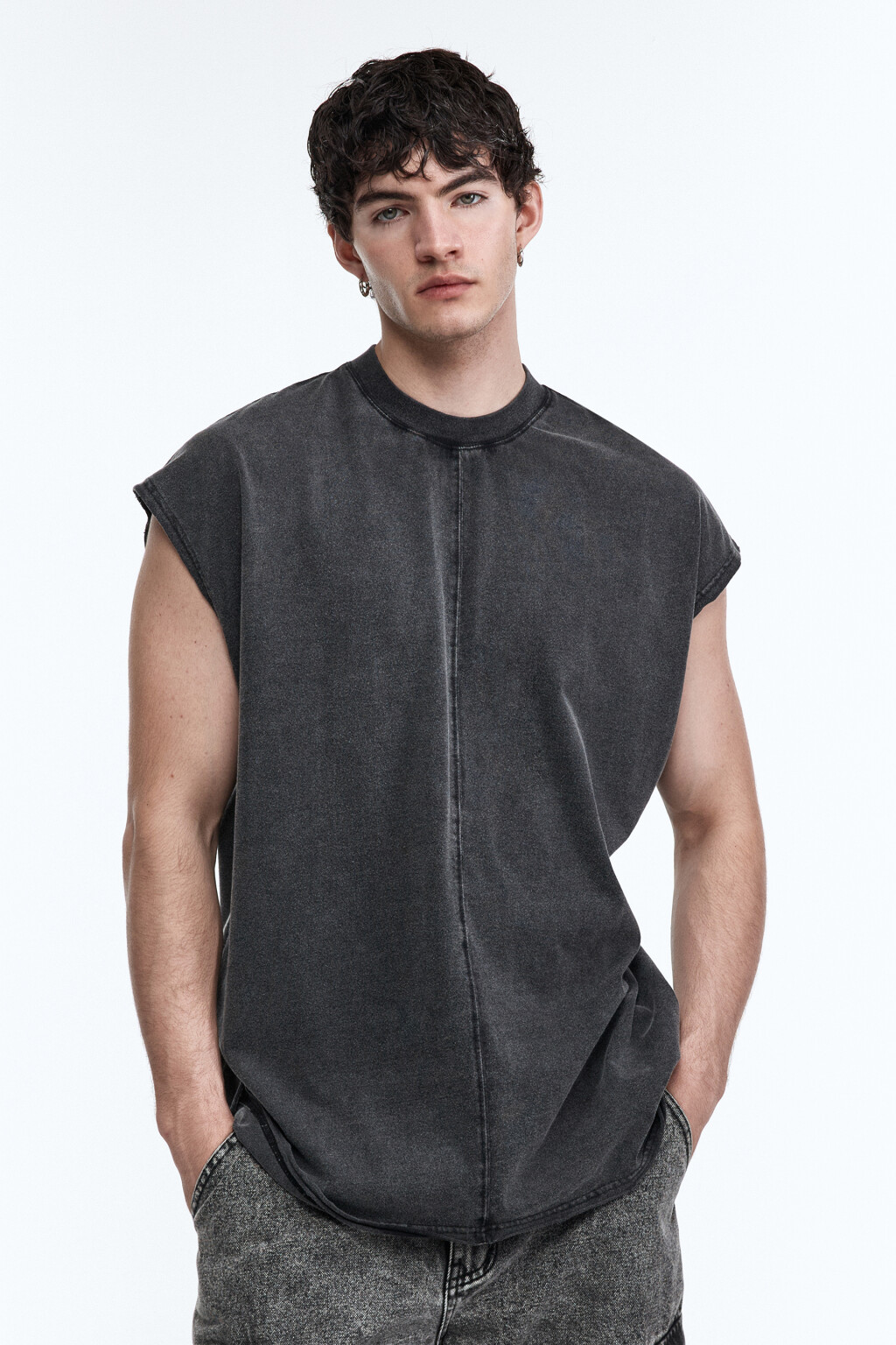 Футболка хлопковая с обрезанными рукавами - цвет серый - 3