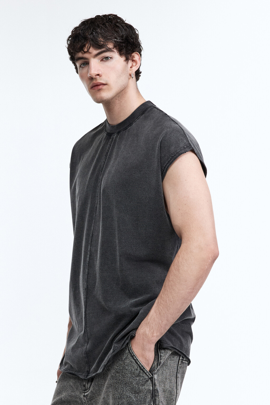 Футболка хлопковая с обрезанными рукавами - цвет серый - 4