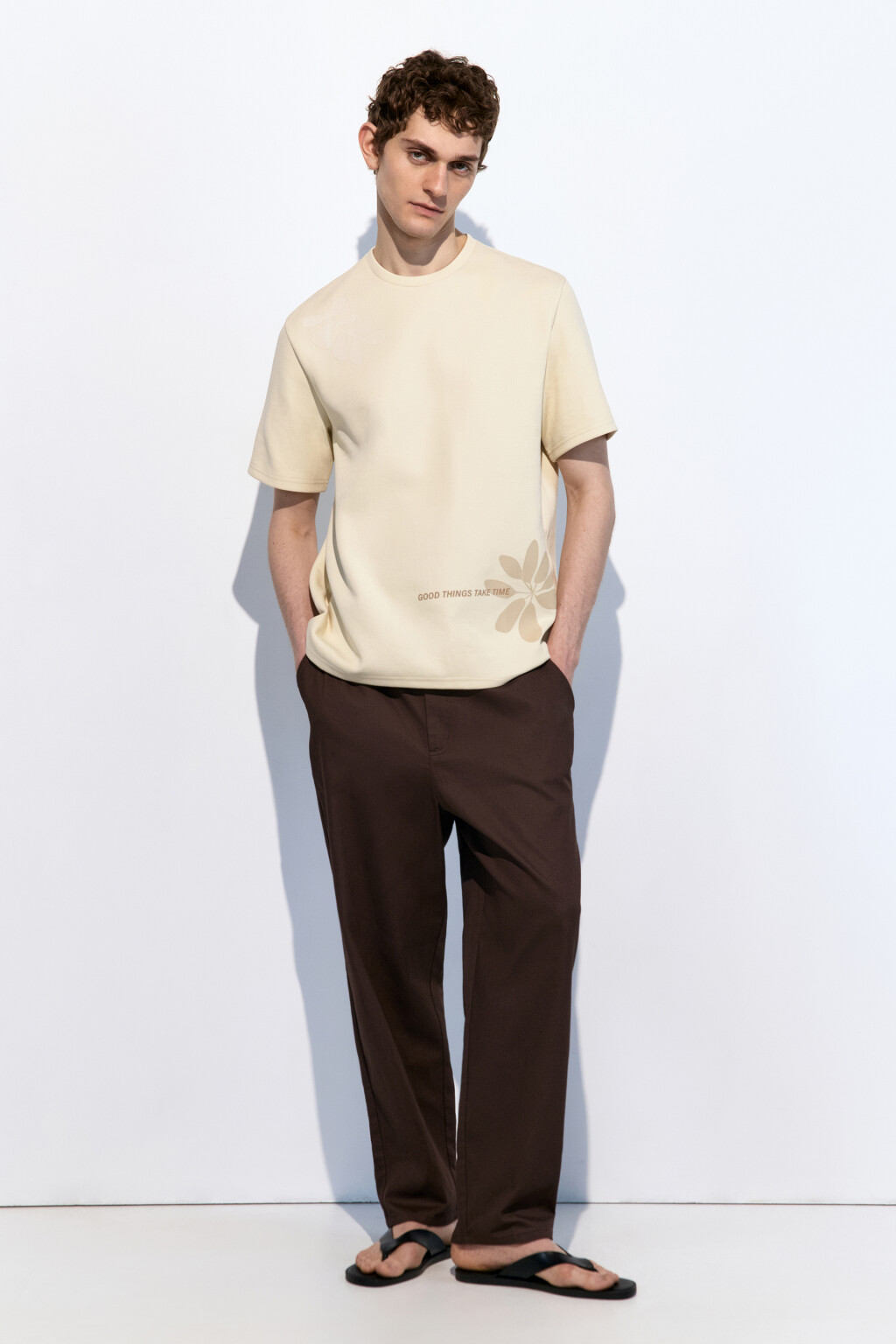 Футболка прямая с принтом и надписью - цвет бежевый - 5