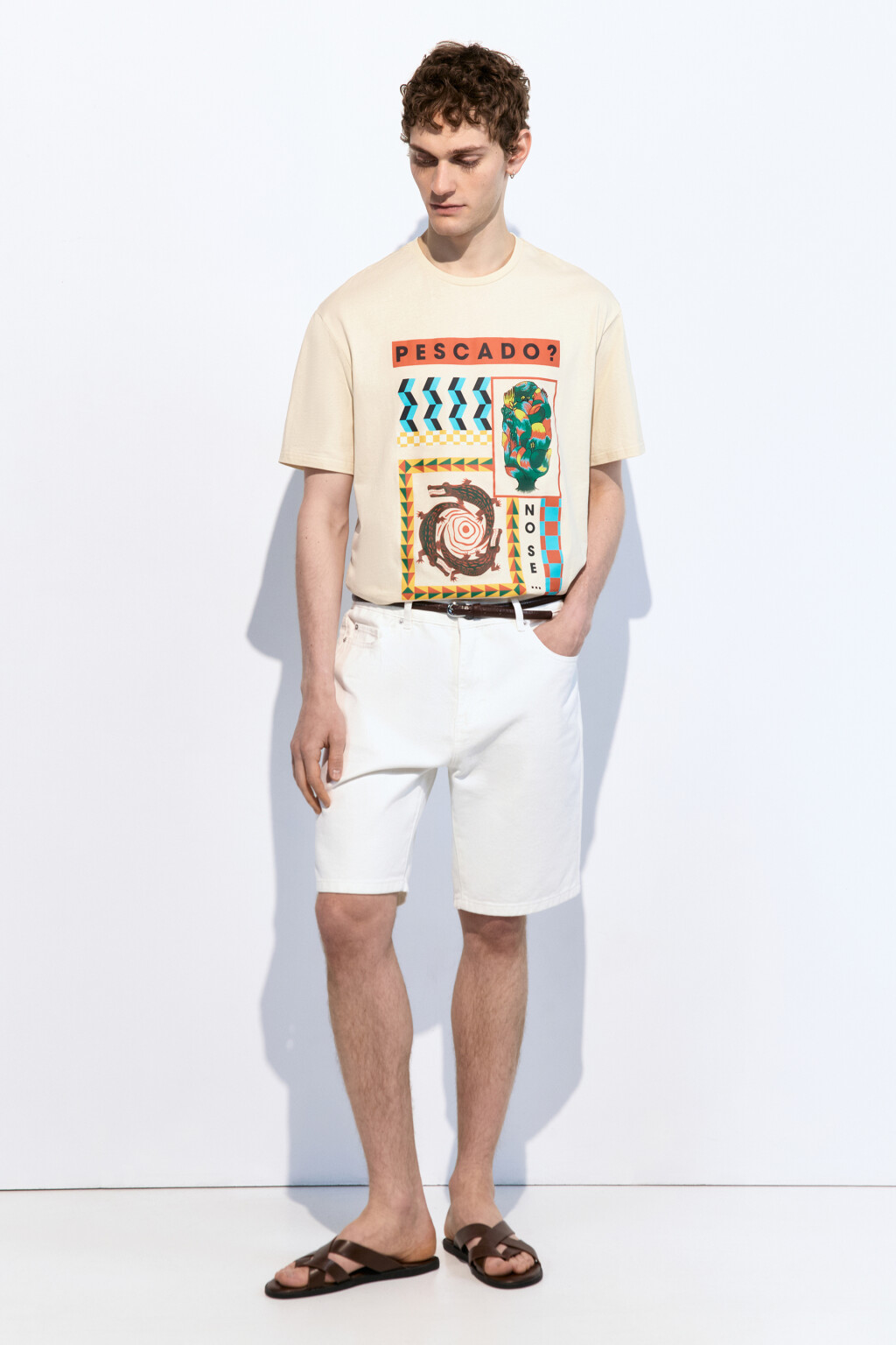 Футболка прямая хлопковая с принтом - цвет бежевый - 4