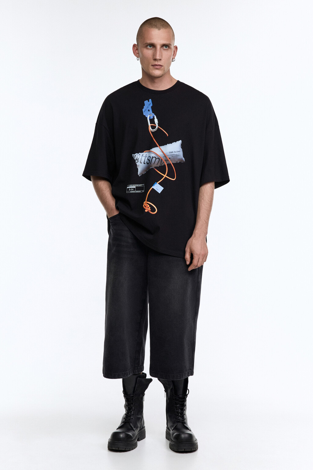 Футболка прямая хлопковая с принтом - цвет черный - 1