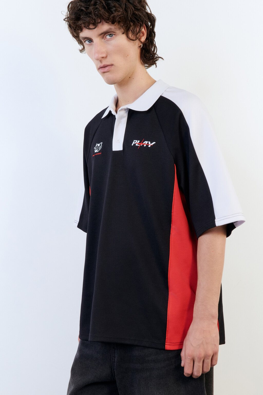 Футболка-поло oversize из футера с принтом - цвет черный - 1