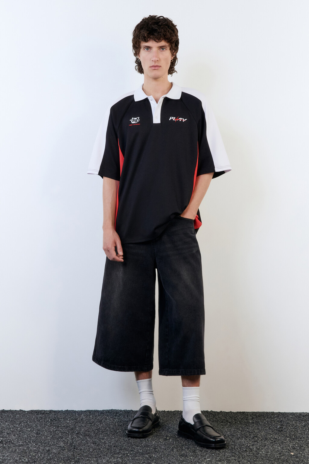 Футболка-поло oversize из футера с принтом - цвет черный - 5