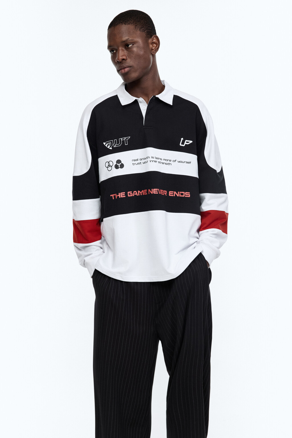 Свитшот с рубашечным воротником и принтом - цвет черный - 2