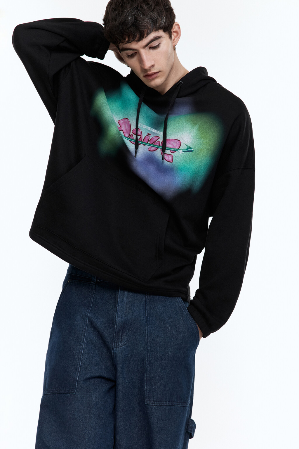 Худи oversize с принтом и надписью - цвет черный - 1