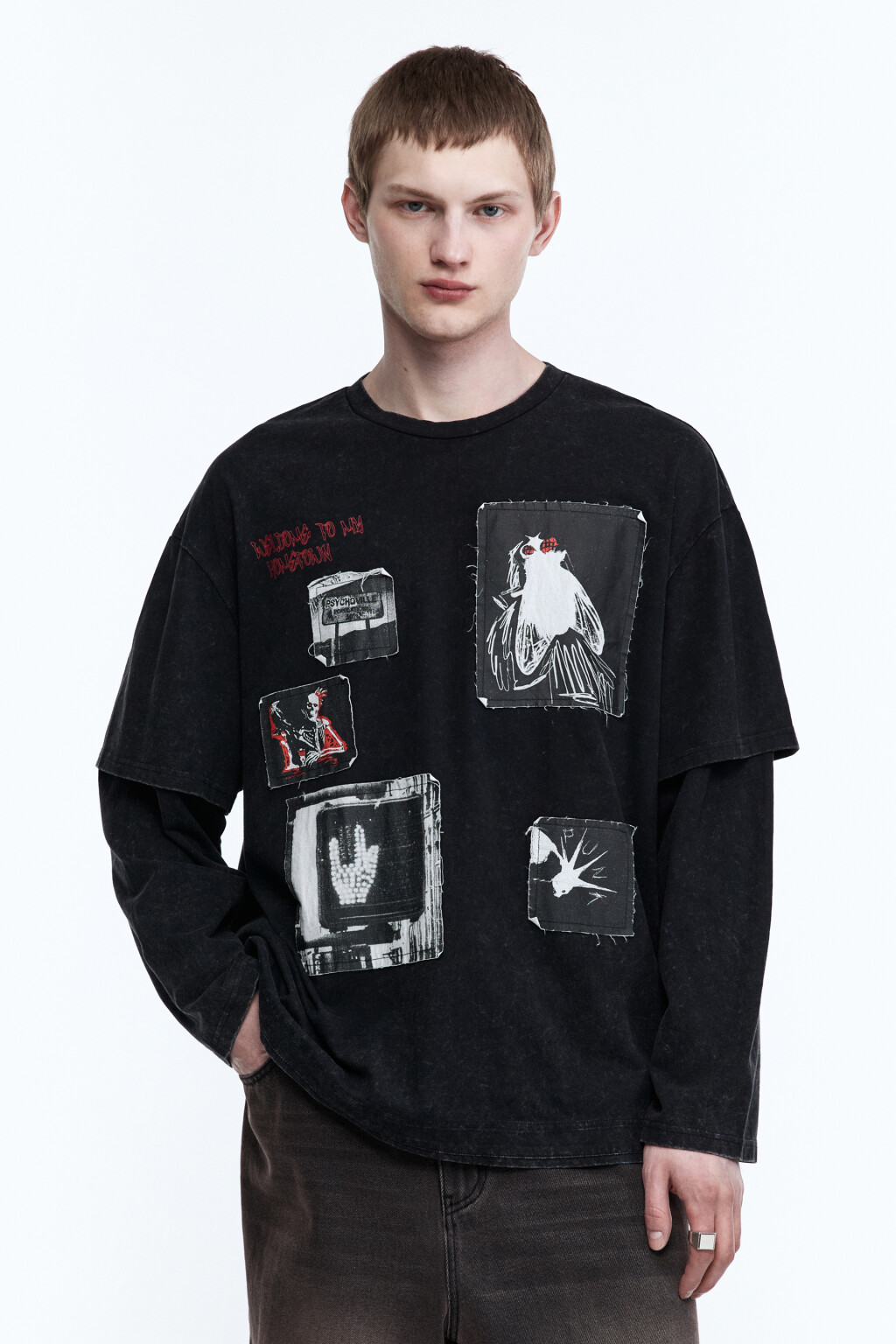 Лонгслив с двойными рукавами и принтом - цвет черный - 3