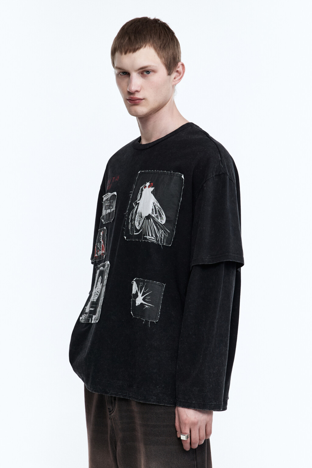 Лонгслив с двойными рукавами и принтом - цвет черный - 4