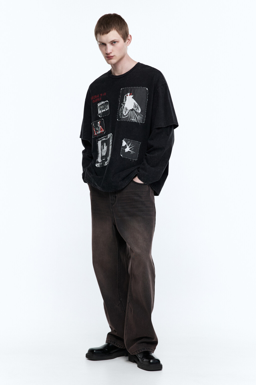 Лонгслив с двойными рукавами и принтом - цвет черный - 1