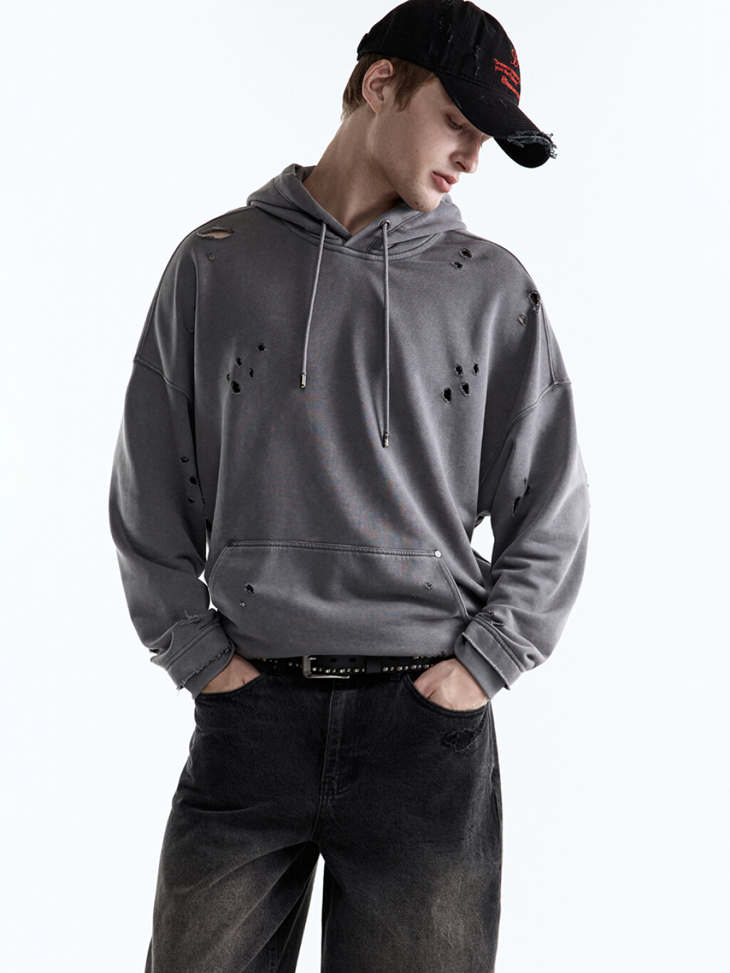 Худи oversize рваная с вареным эффектом - цвет серый - 1