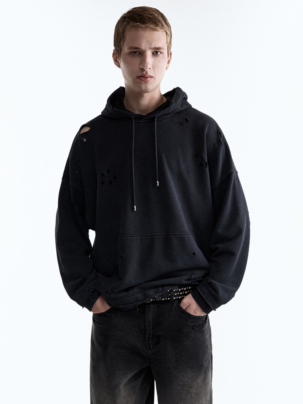 Худи oversize рваная с вареным эффектом - цвет черный - 1