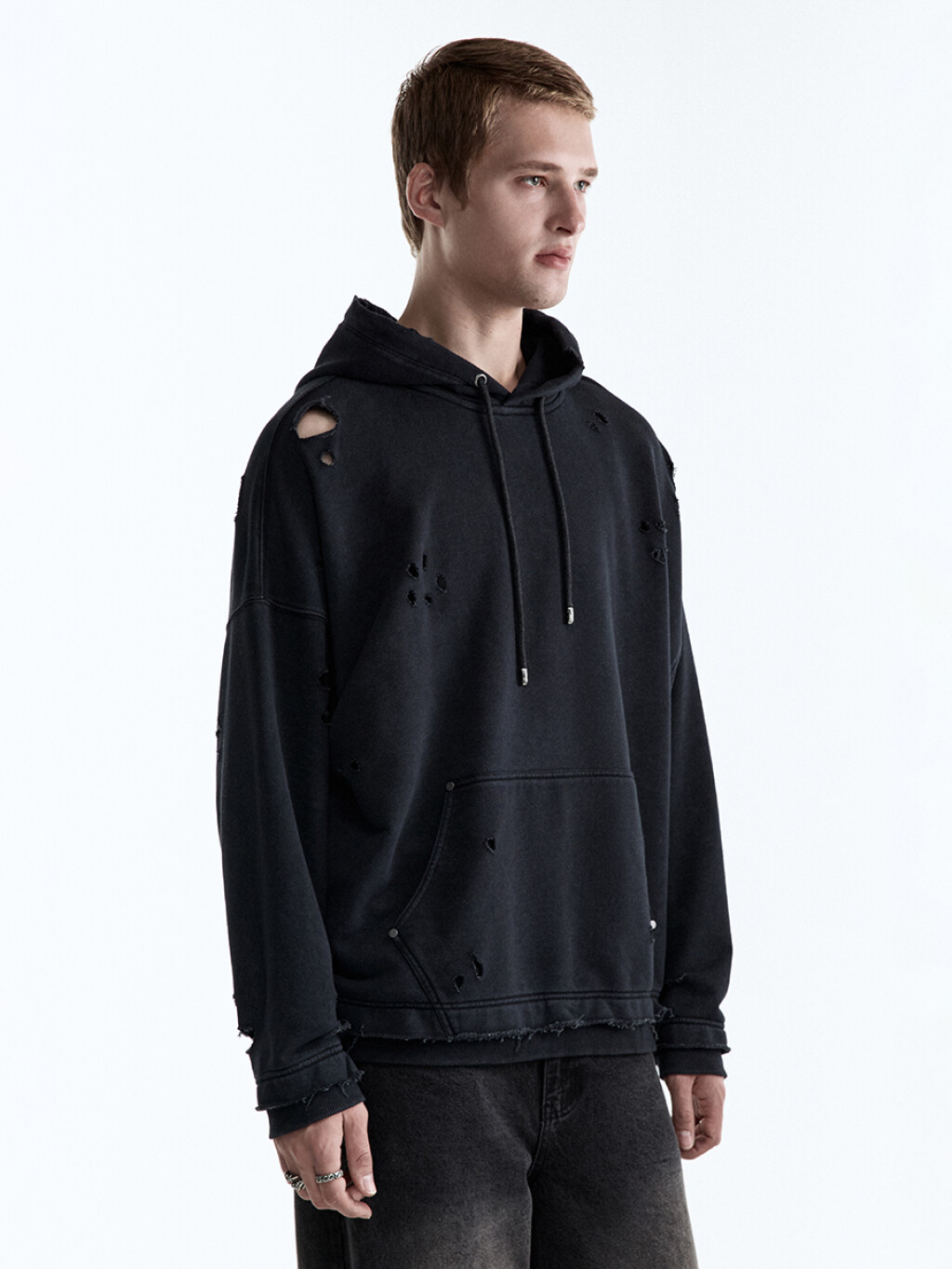 Худи oversize рваная с вареным эффектом - цвет черный - 3