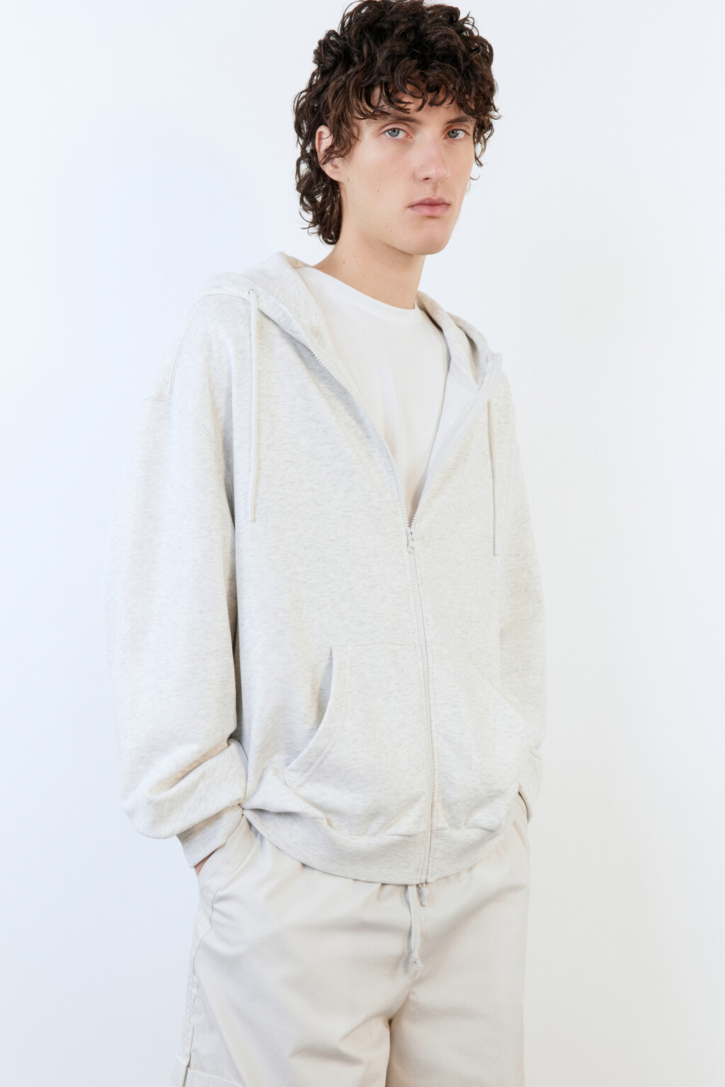 Худи на молнии oversize с капюшоном - цвет серый - 1