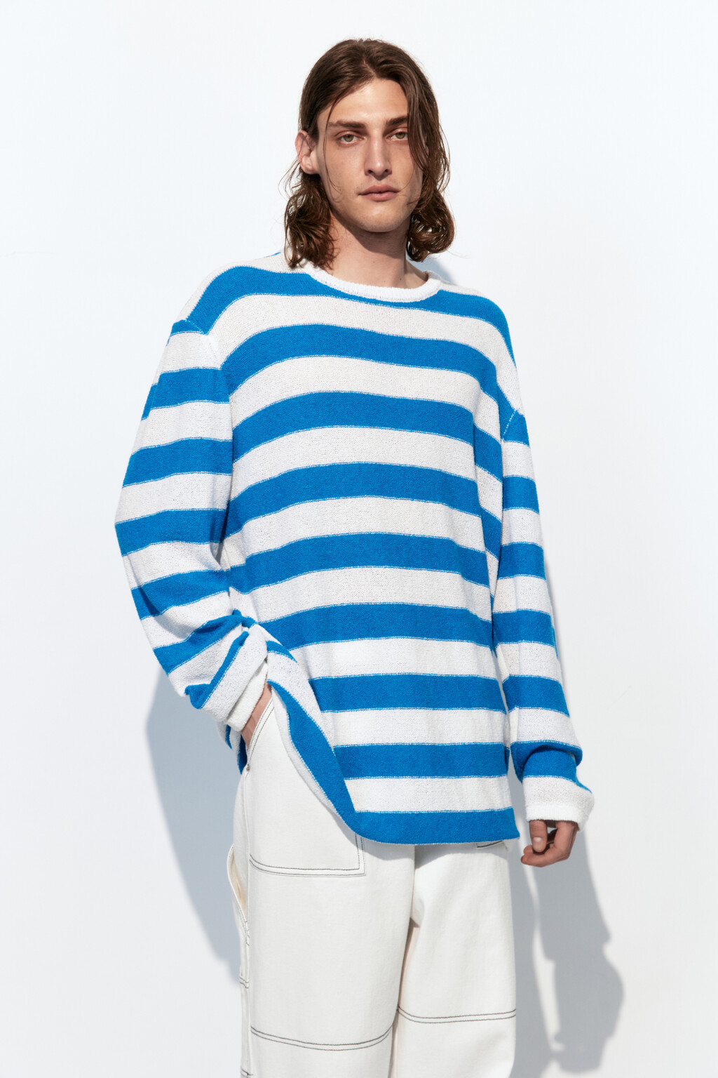 Джемпер тонкой вязки в полоску - цвет белый - 1