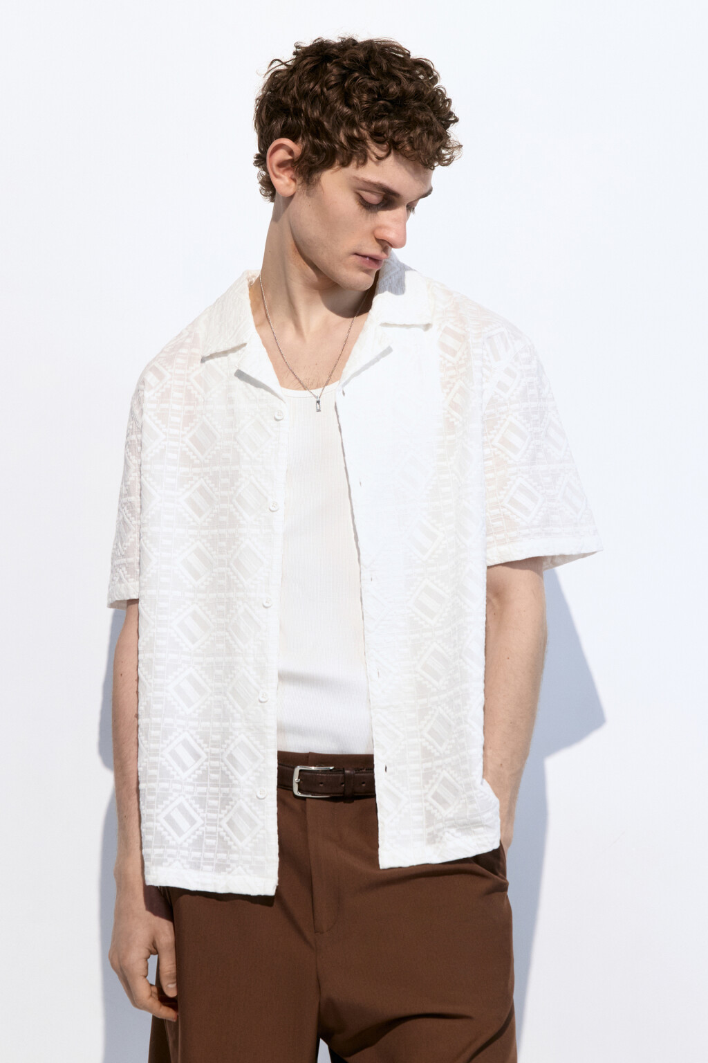 Рубашка прямая хлопковая с узором - цвет белый - 1