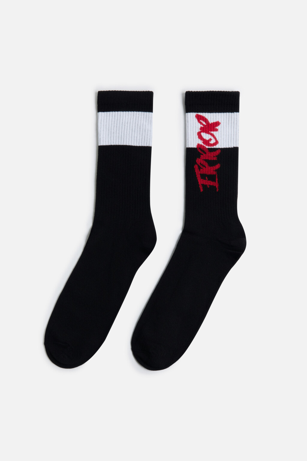 Носки высокие с полоской и надписью - цвет черный - 1