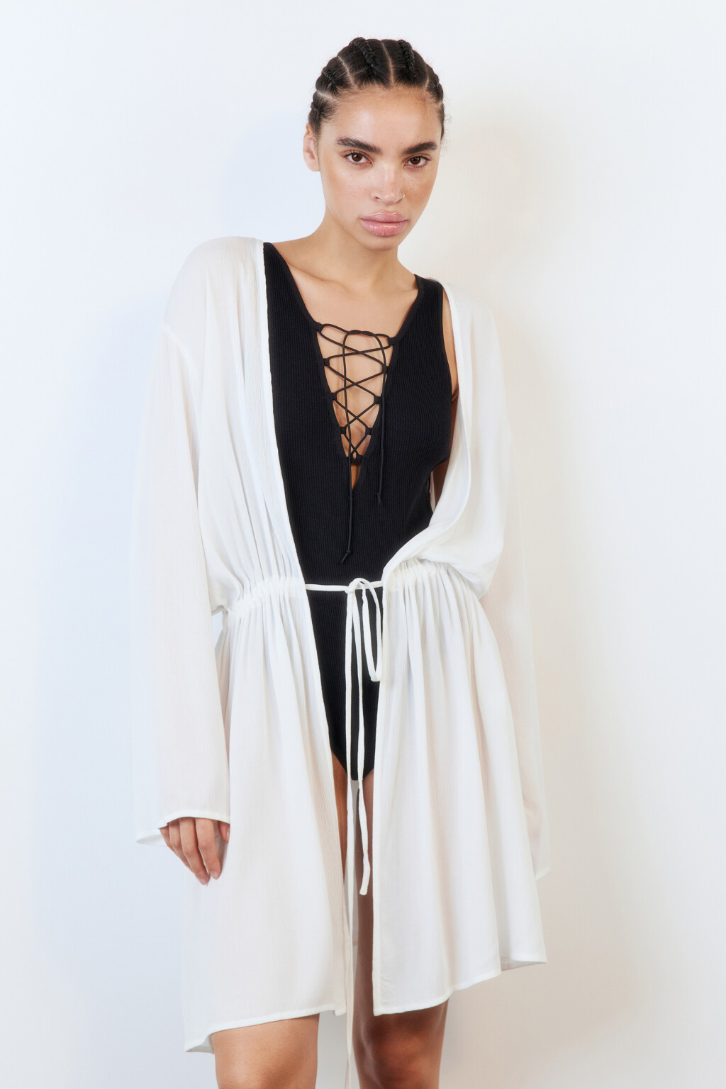 Туника пляжная вискозная с длинными рукавами - цвет ванильный - 2