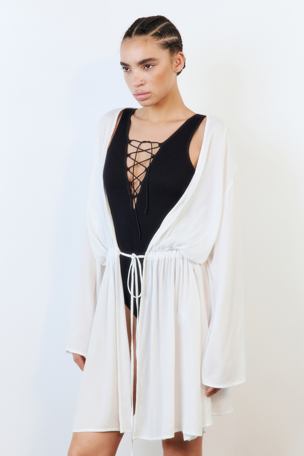 Туника пляжная вискозная с длинными рукавами - цвет ванильный - 3