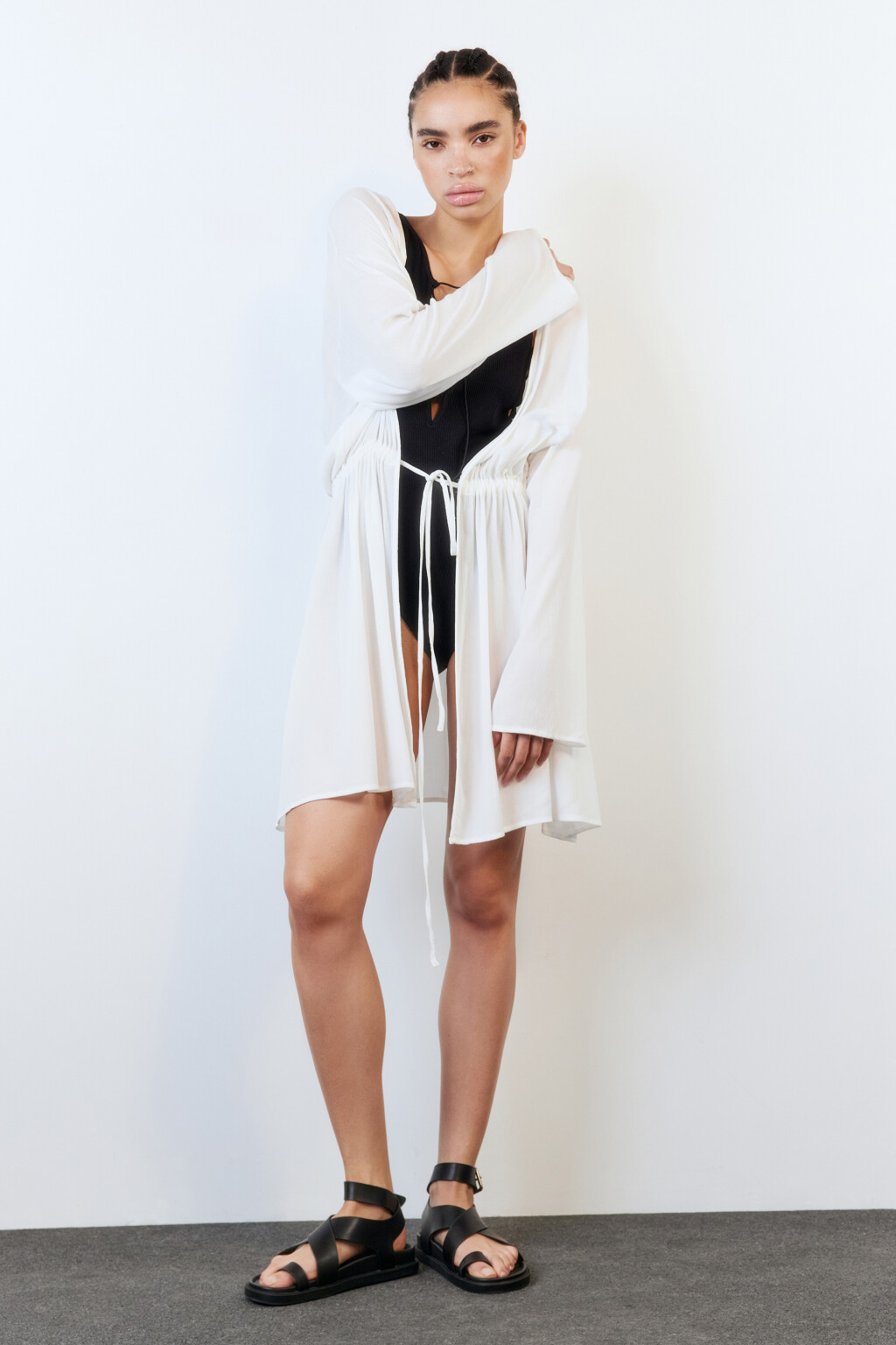 Туника пляжная вискозная с длинными рукавами - цвет ванильный - 5