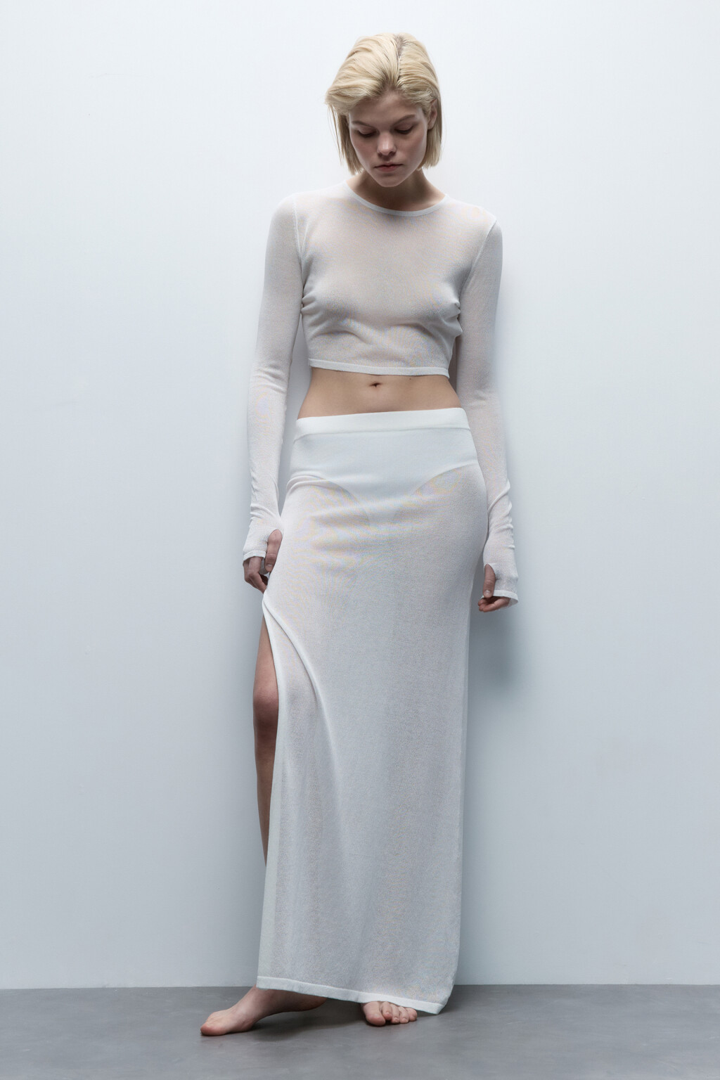 Лонгслив пляжный вискозный тонкой вязки - цвет белый - 5