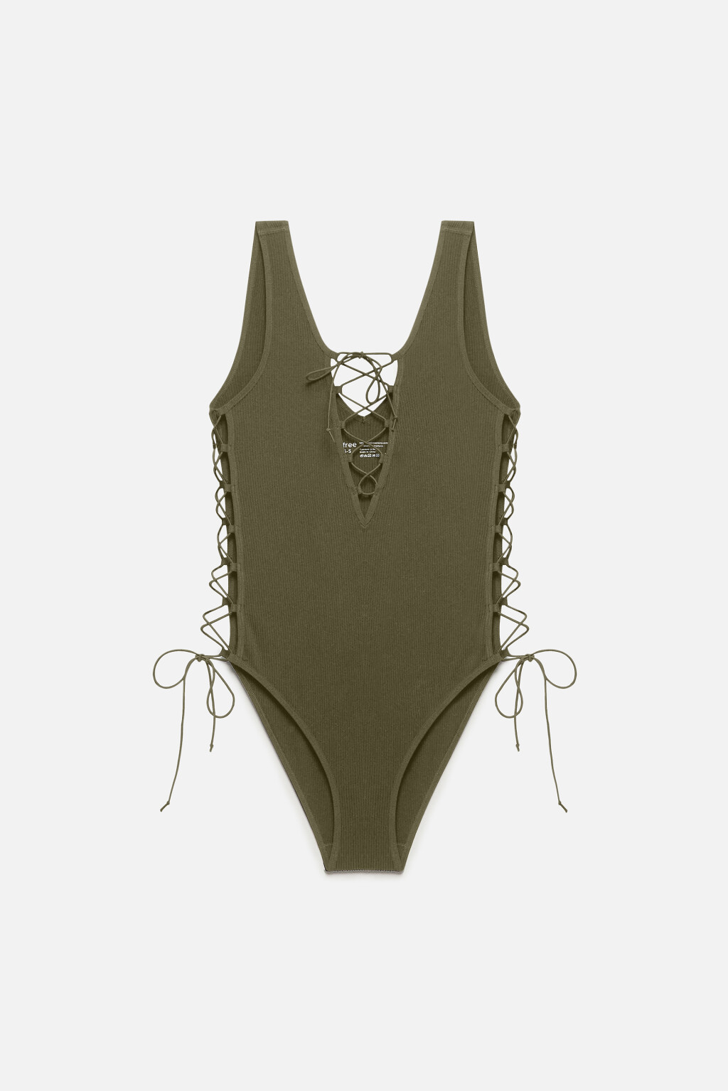Купальник слитный в рубчик со шнуровкой - цвет зеленый - 9
