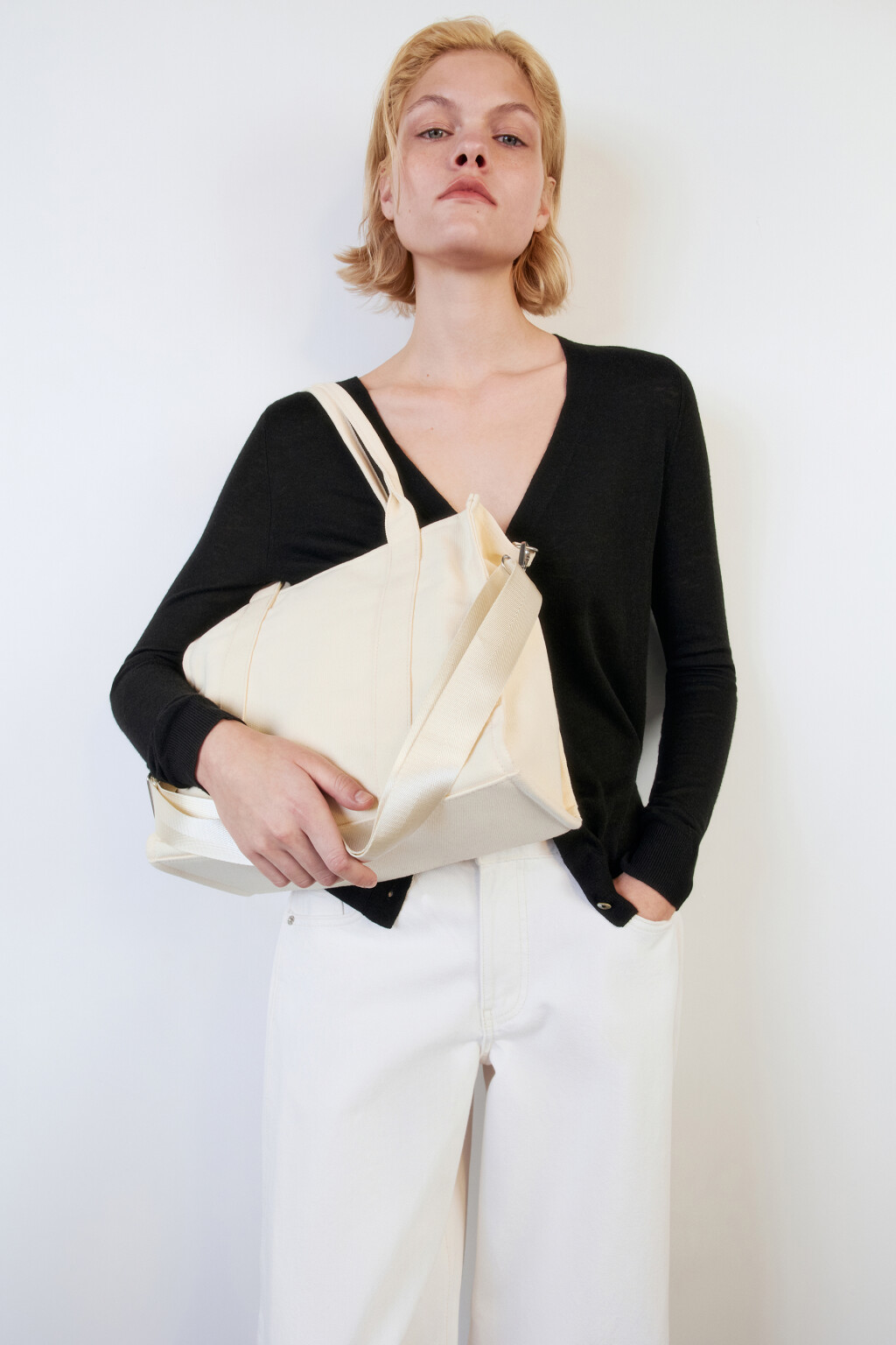 Сумка-тоут текстильная с ремнем через плечо - цвет бежевый - 2