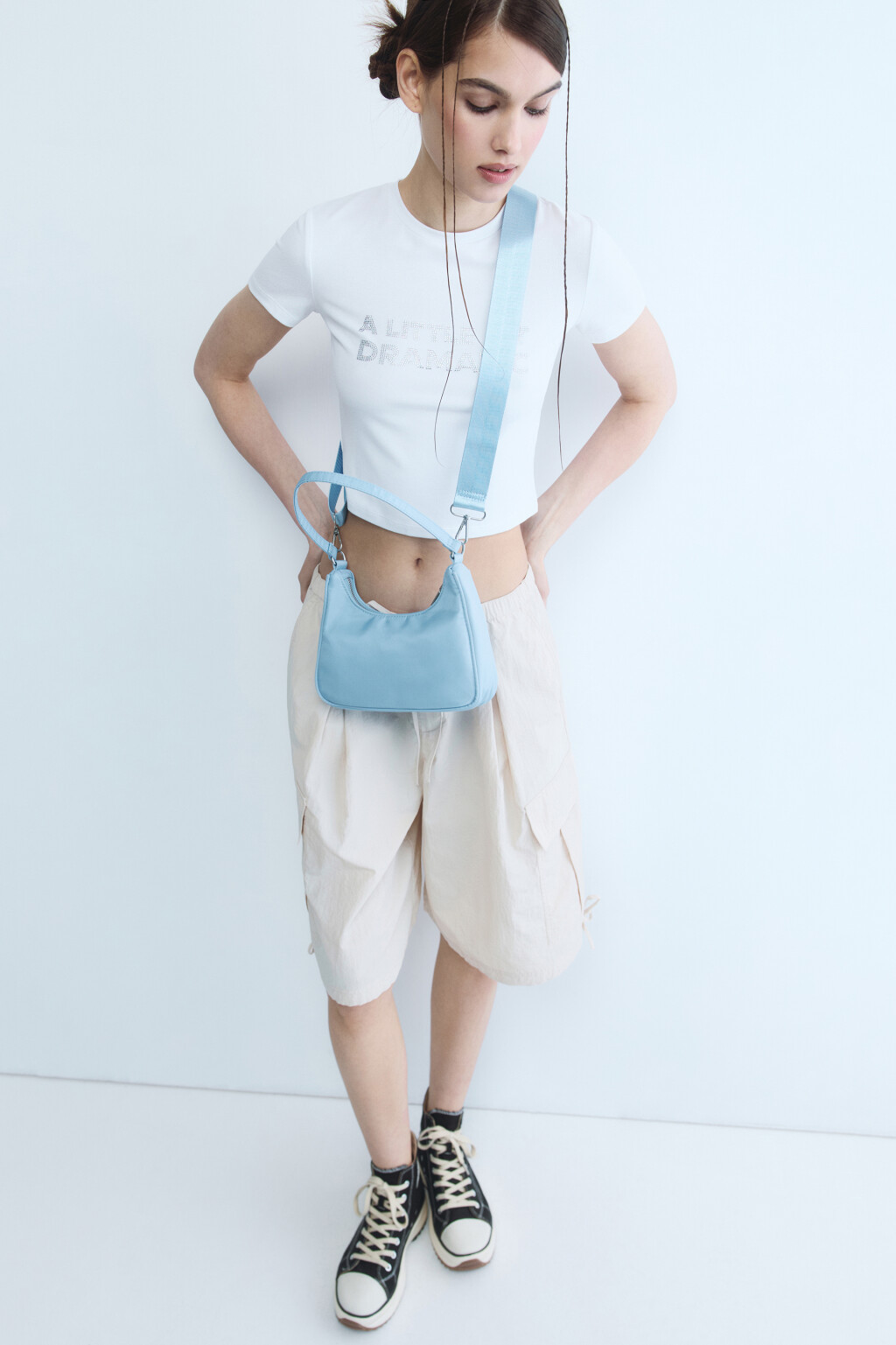 Сумка-багет на плечо текстильная с ремнем - цвет голубой - 1