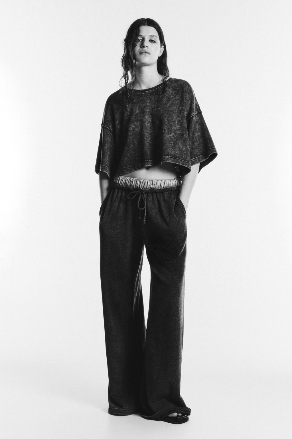 Брюки широкие трикотажные с двойным поясом - цвет серый - 1