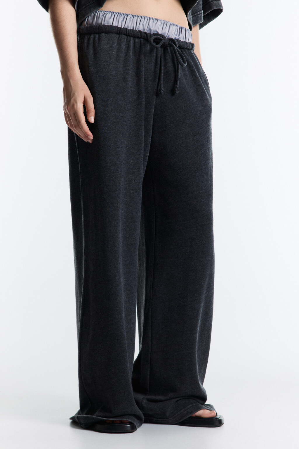 Брюки широкие трикотажные с двойным поясом - цвет серый - 3