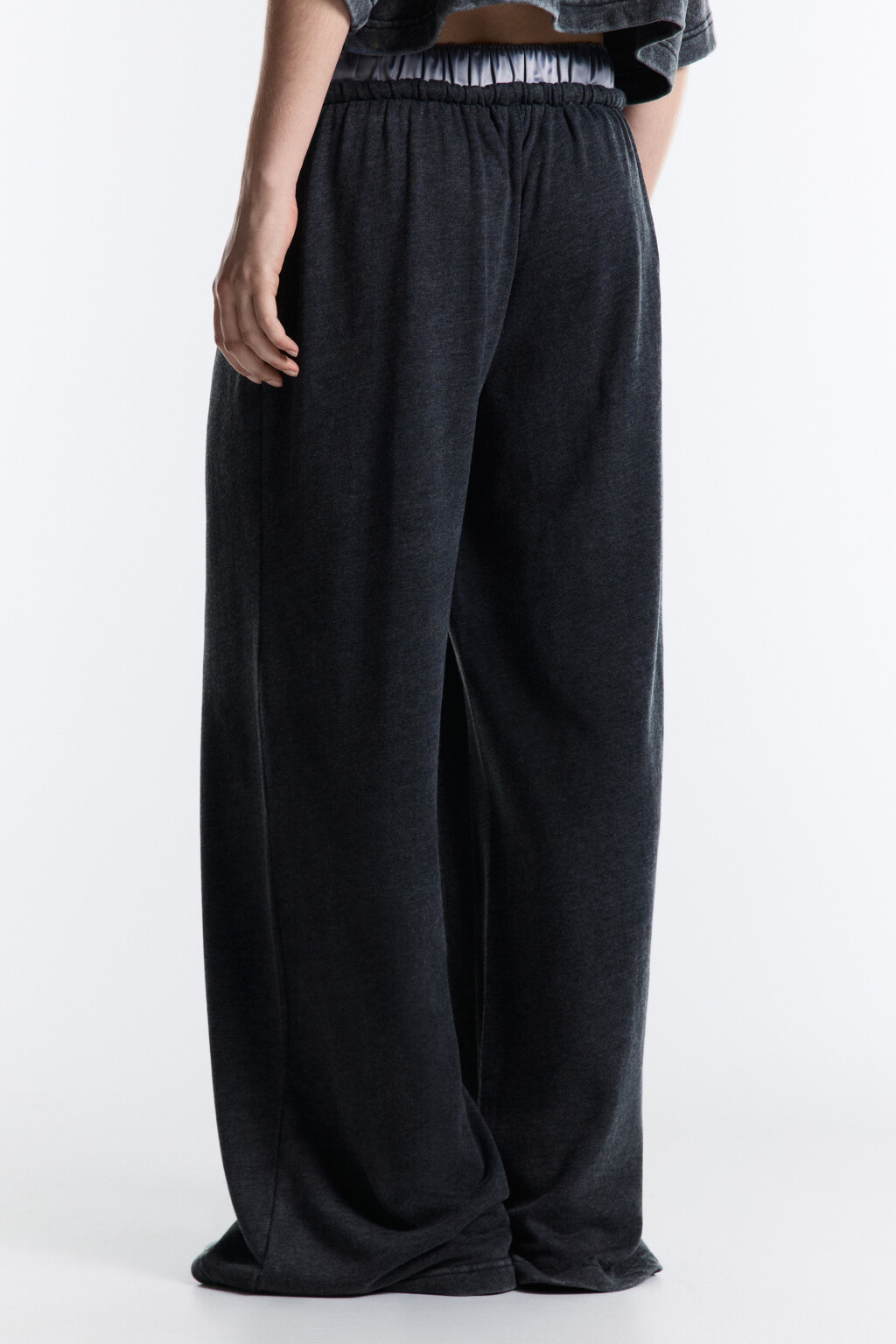 Брюки широкие трикотажные с двойным поясом - цвет серый - 4
