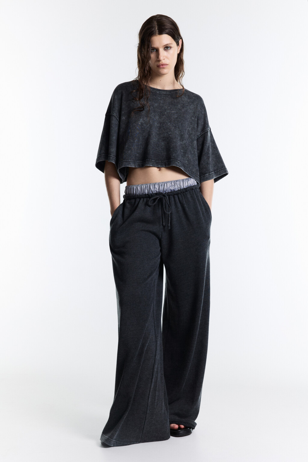Брюки широкие трикотажные с двойным поясом - цвет серый - 5