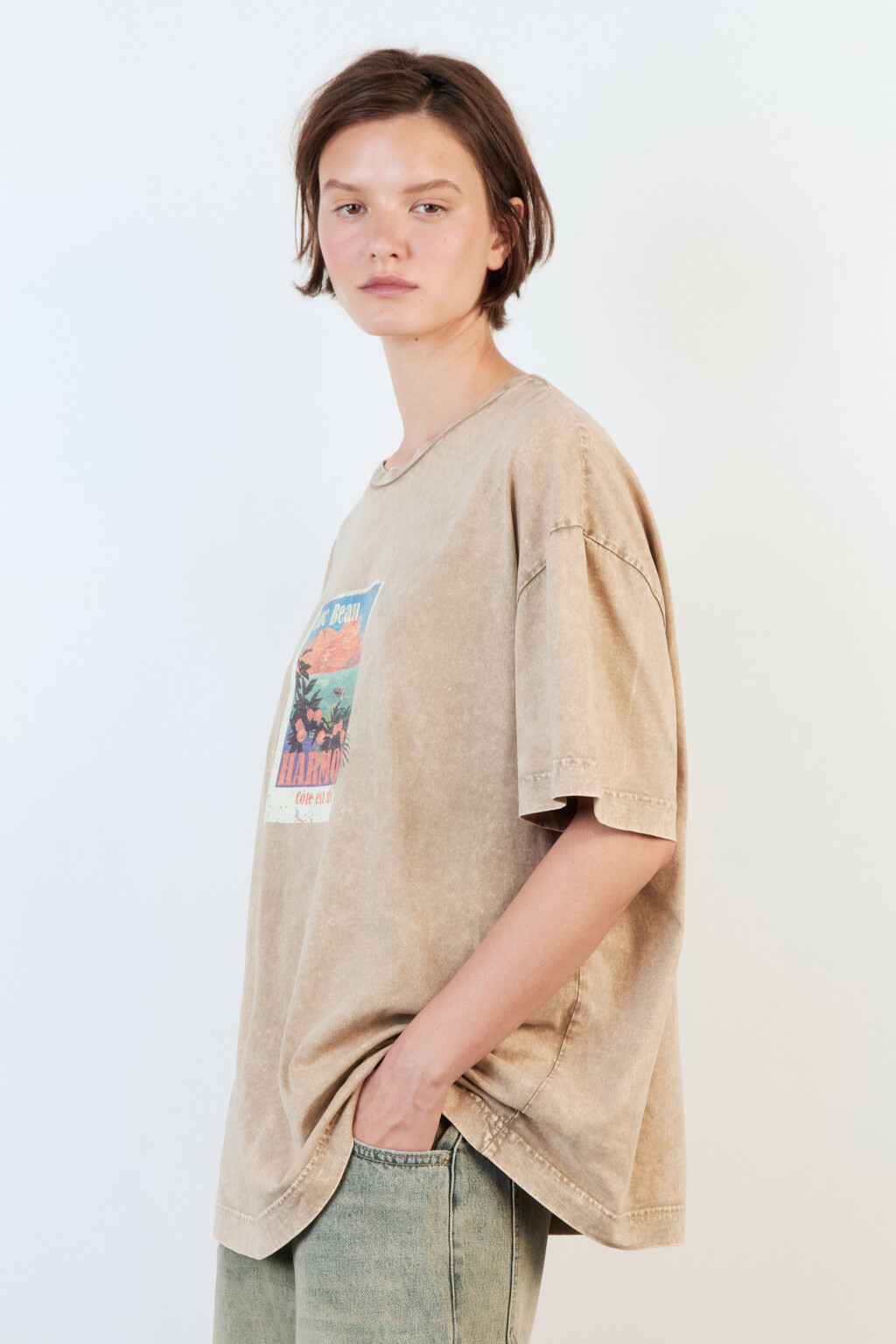 Футболка oversize с вареным эффектом и принтом - цвет бежевый - 3