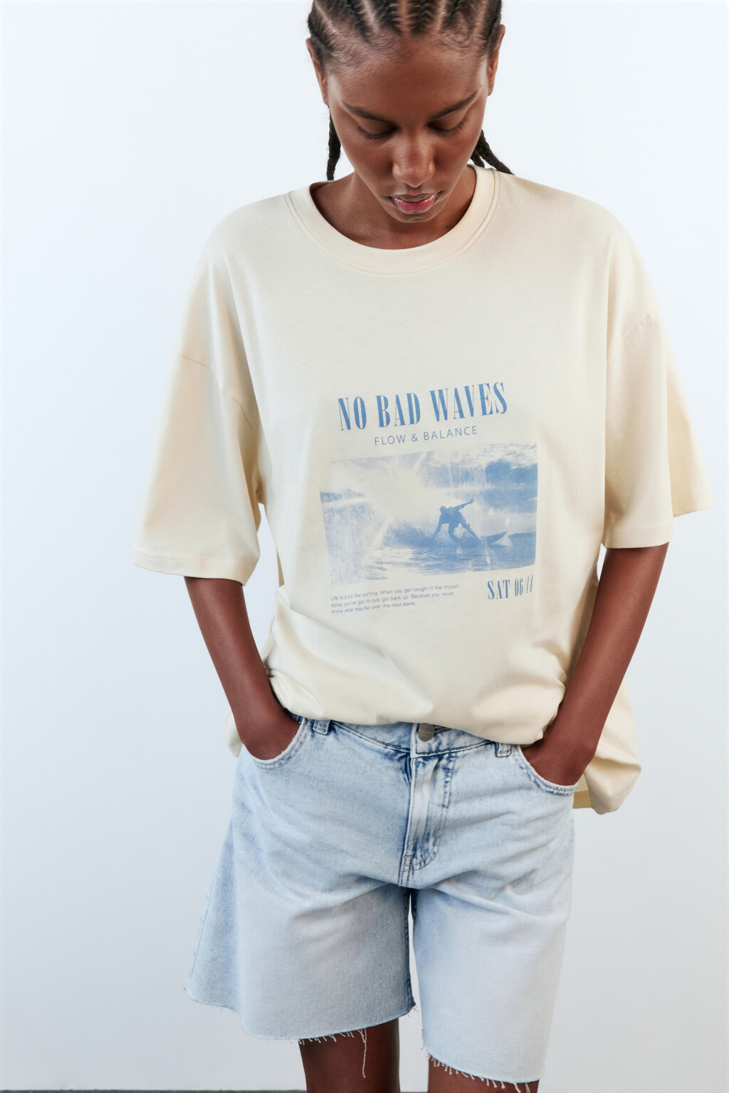 Футболка oversize хлопковая с принтом - цвет бежевый - 1